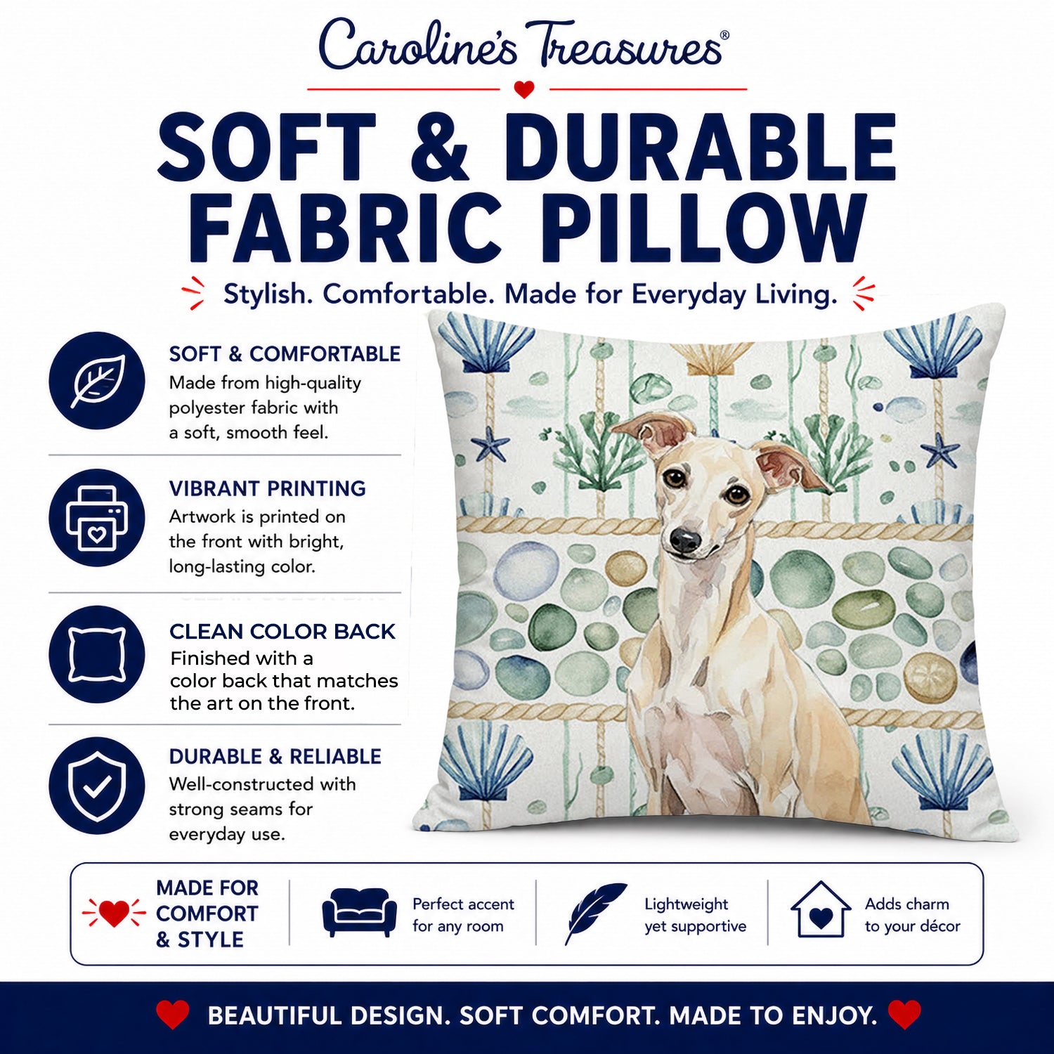 Cream Italian Greyhound Coastal Sea Glass Decorative Throw Pillow 14x14 Indoor Outdoor Accent Cushion, Fabric Cover with Insert for Sofa, Bed, Porch & Living Room