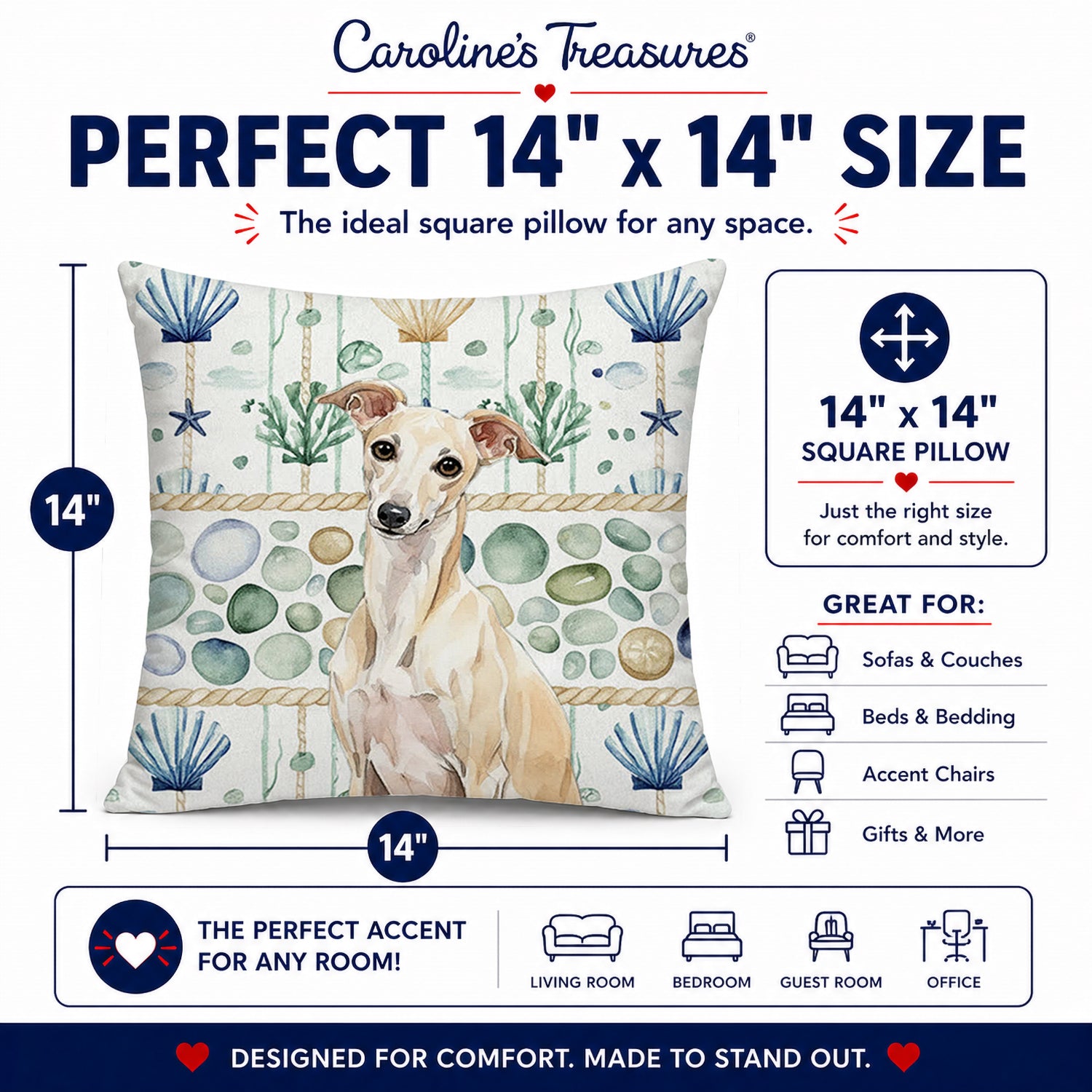 Cream Italian Greyhound Coastal Sea Glass Decorative Throw Pillow 14x14 Indoor Outdoor Accent Cushion, Fabric Cover with Insert for Sofa, Bed, Porch & Living Room