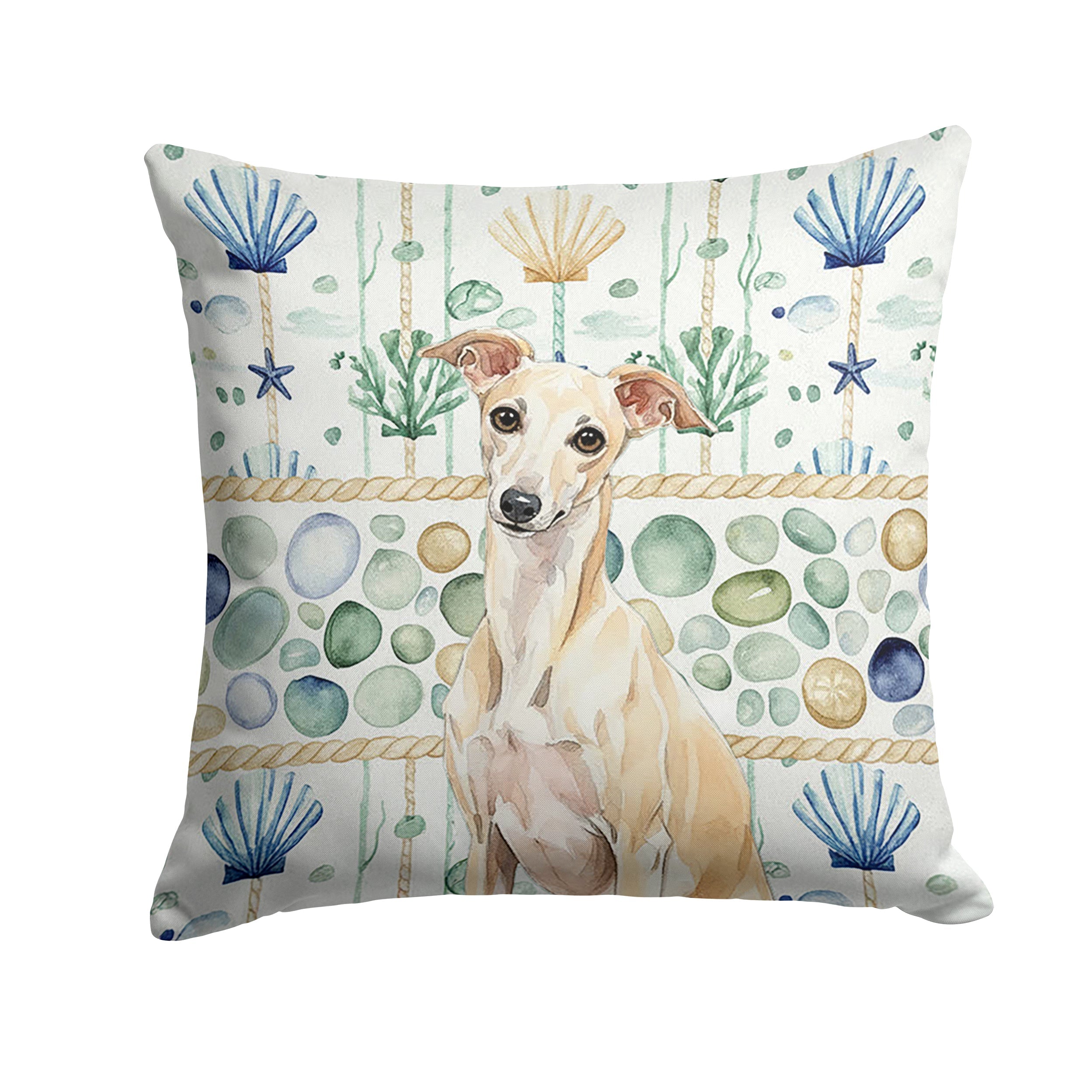 Cream Italian Greyhound Coastal Sea Glass Decorative Throw Pillow 14x14 Indoor Outdoor Accent Cushion, Fabric Cover with Insert for Sofa, Bed, Porch & Living Room