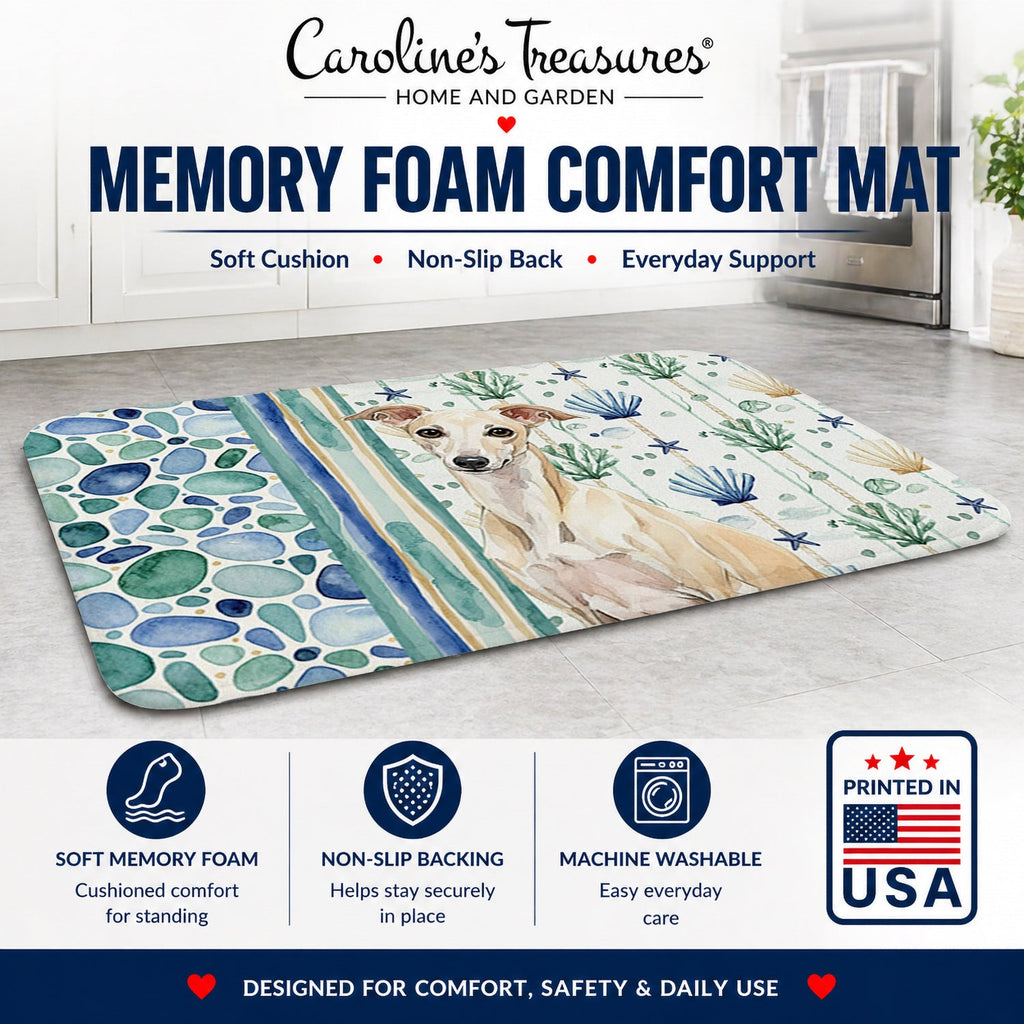Cream Italian Greyhound Coastal Sea Glass Memory Foam Kitchen Mat Machine Washable Anti-Fatigue Cushion Comfort Bath or Kitchen Rug