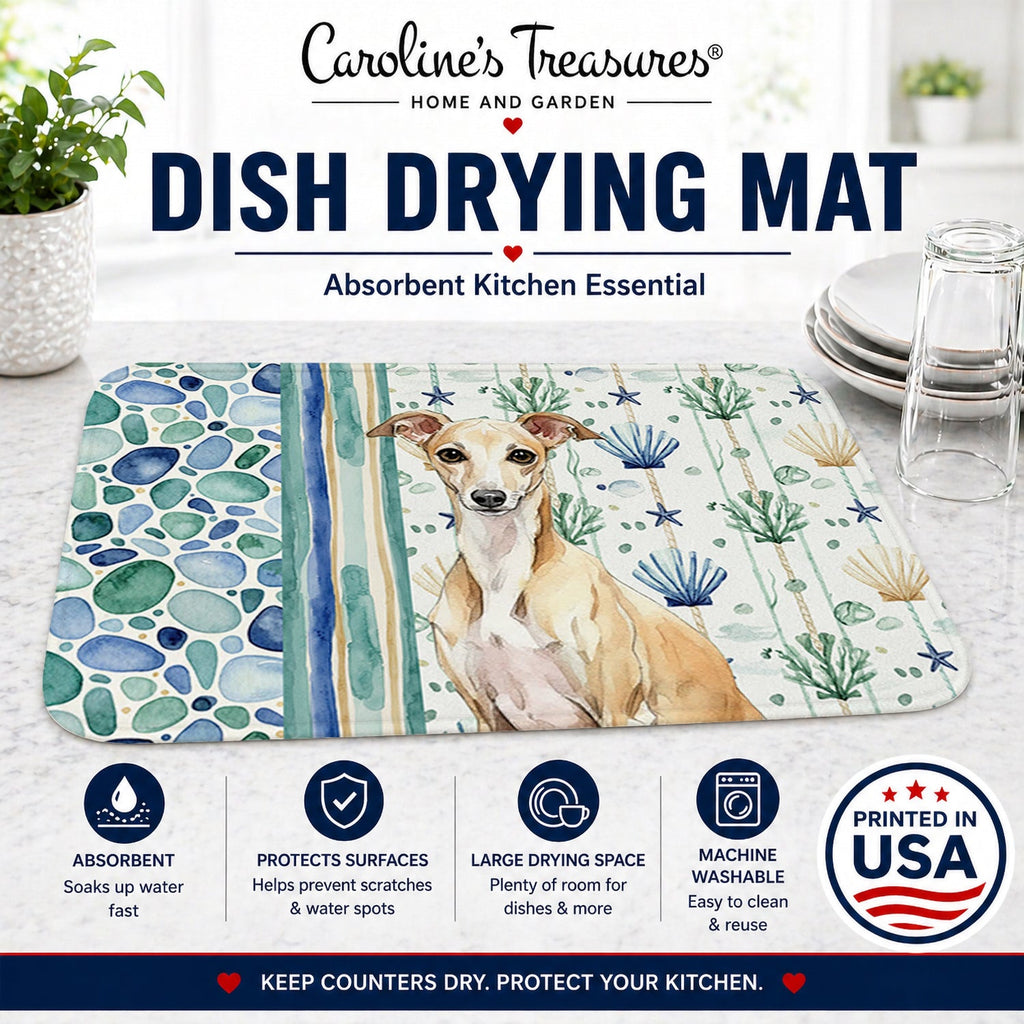 Fawn Italian Greyhound Coastal Sea Glass Dish Drying Mat Absorbent Dish Drying Mat Pad for Kitchen Counter Dish Drainer Mat for Countertop, 14 x 21", Multicolor