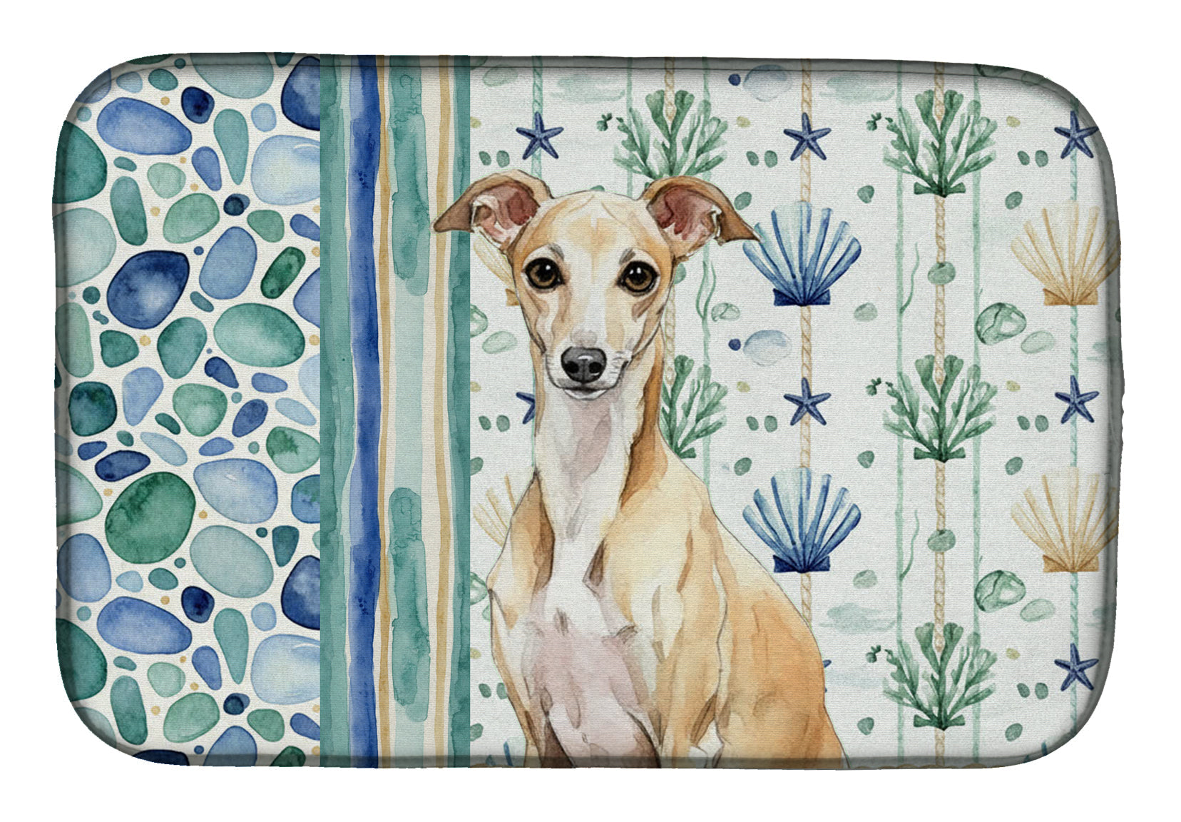 Fawn Italian Greyhound Coastal Sea Glass Dish Drying Mat Absorbent Dish Drying Mat Pad for Kitchen Counter Dish Drainer Mat for Countertop, 14 x 21", Multicolor