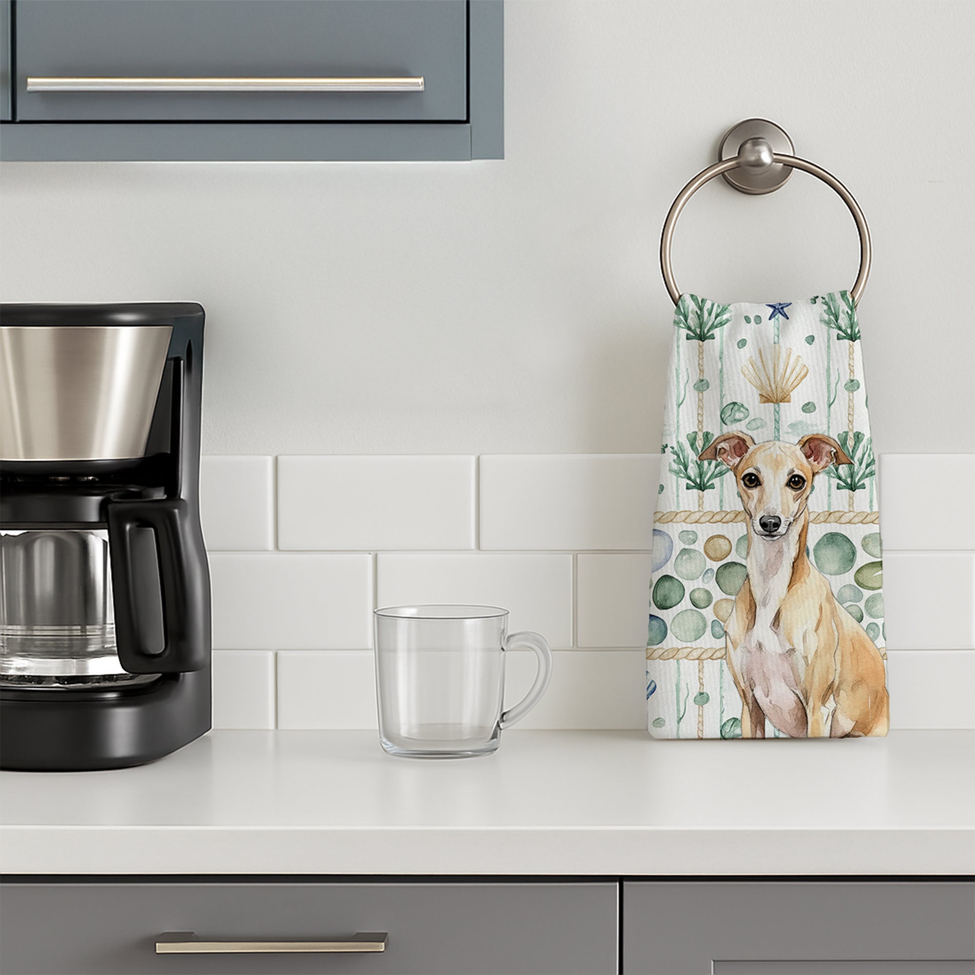 Fawn Italian Greyhound Coastal Sea Glass Kitchen Towel Velour Plush Front and Cotton Loop Back Machine Washable