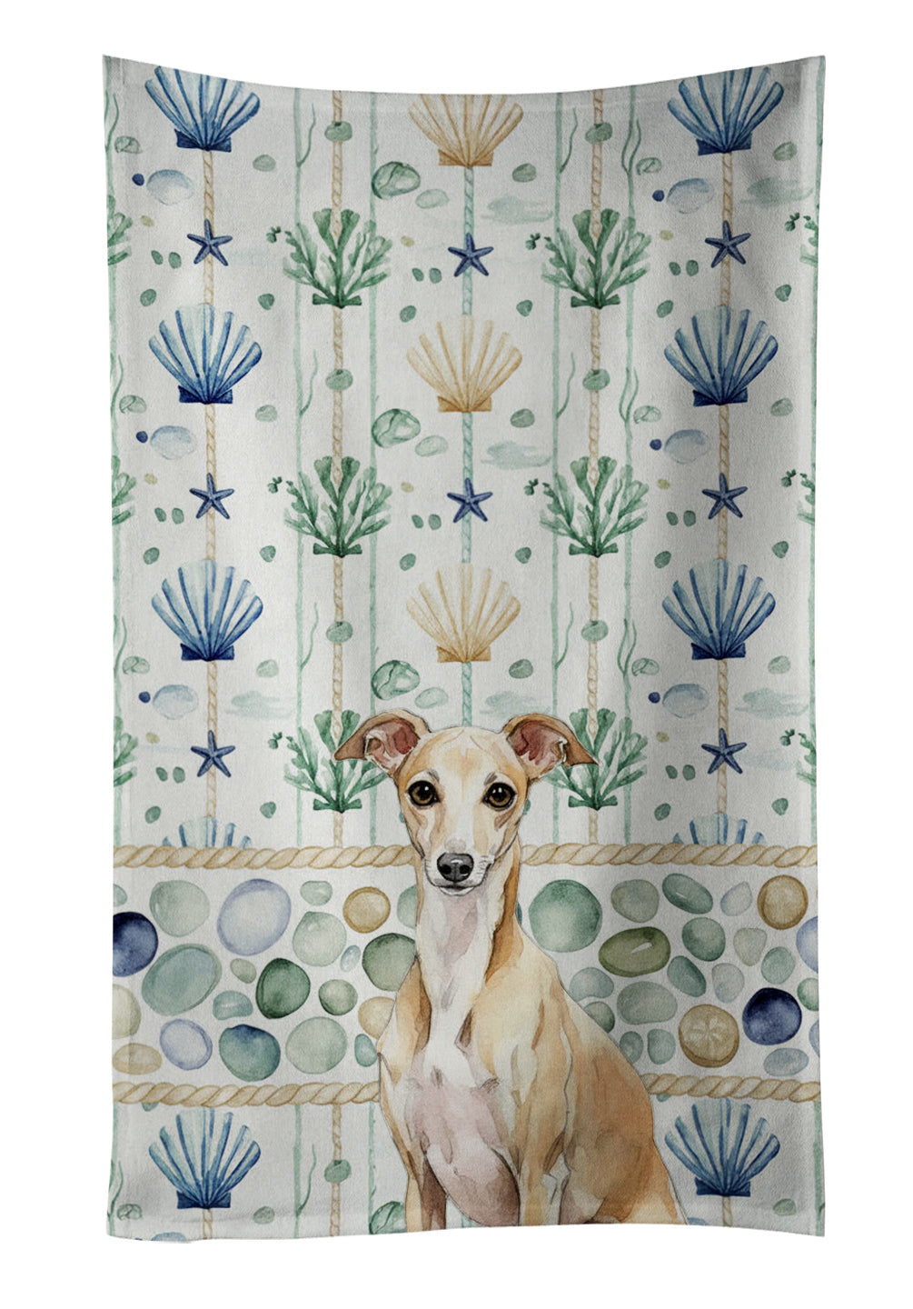 Fawn Italian Greyhound Coastal Sea Glass Kitchen Towel Velour Plush Front and Cotton Loop Back Machine Washable