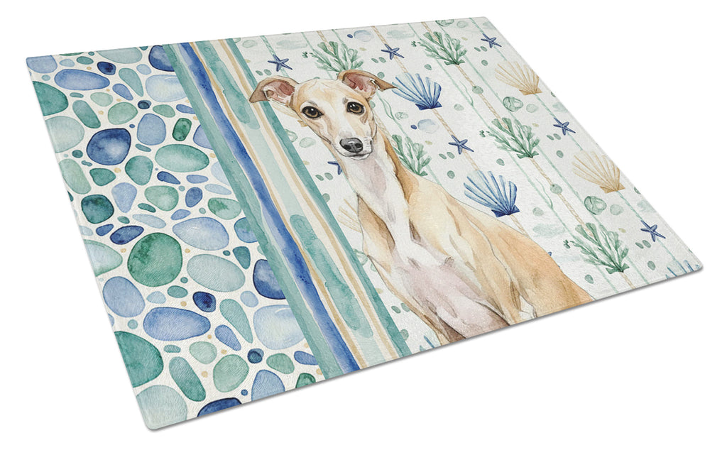 Fawn Italian Greyhound Coastal Sea Glass Cutting Board Tempered Glass Kitchen Cutting Surface, Heat Resistant Chopping, Non-Slip Feet, Food Prep & Serving