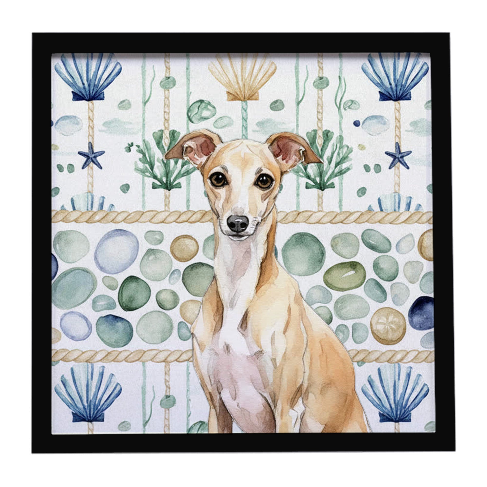Fawn Italian Greyhound Coastal Sea Glass Framed Metal Print Bathroom, Kitchen, Office, Home Decor Wall Art Ready to Hang, Square, 8X8