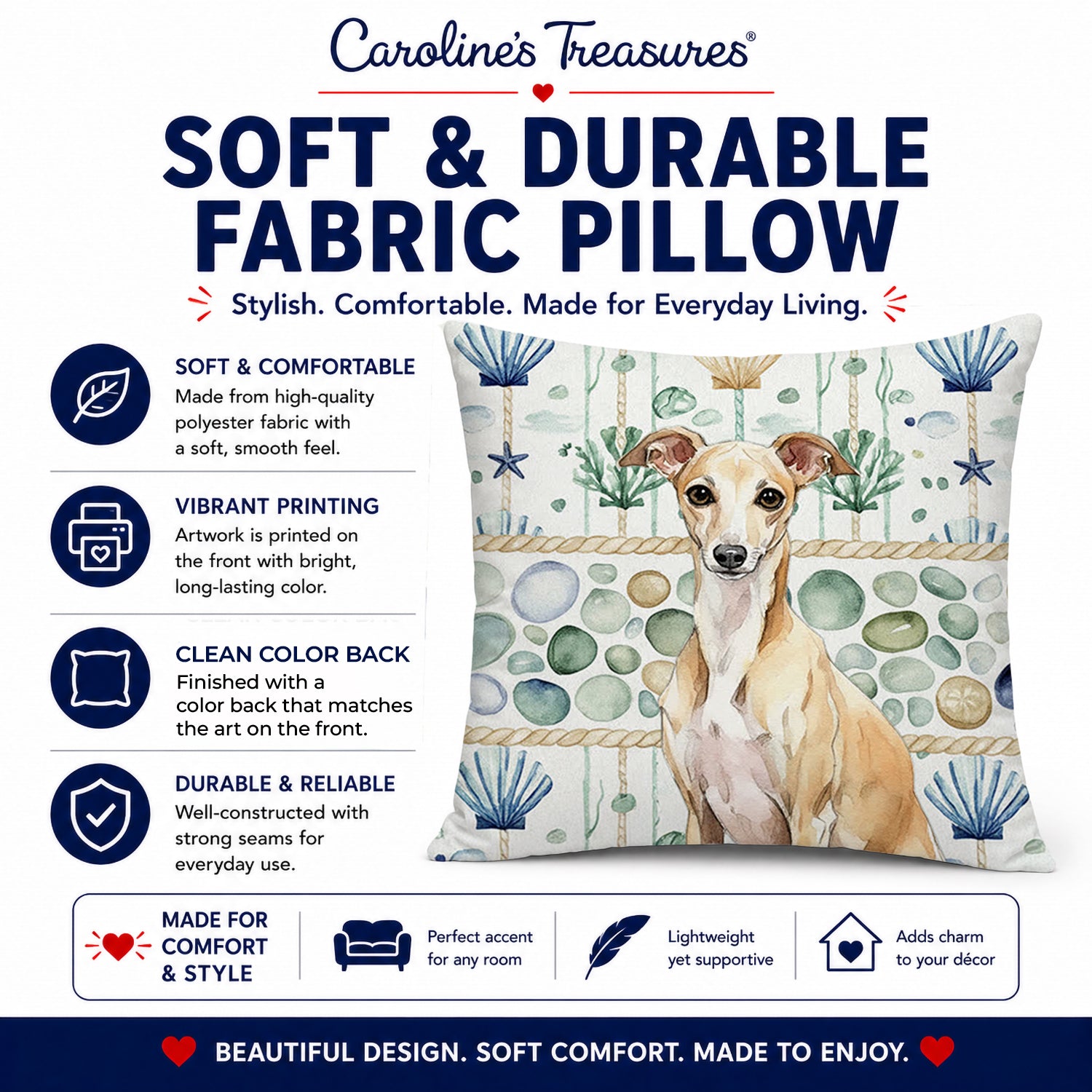 Fawn Italian Greyhound Coastal Sea Glass Decorative Throw Pillow 14x14 Indoor Outdoor Accent Cushion, Fabric Cover with Insert for Sofa, Bed, Porch & Living Room