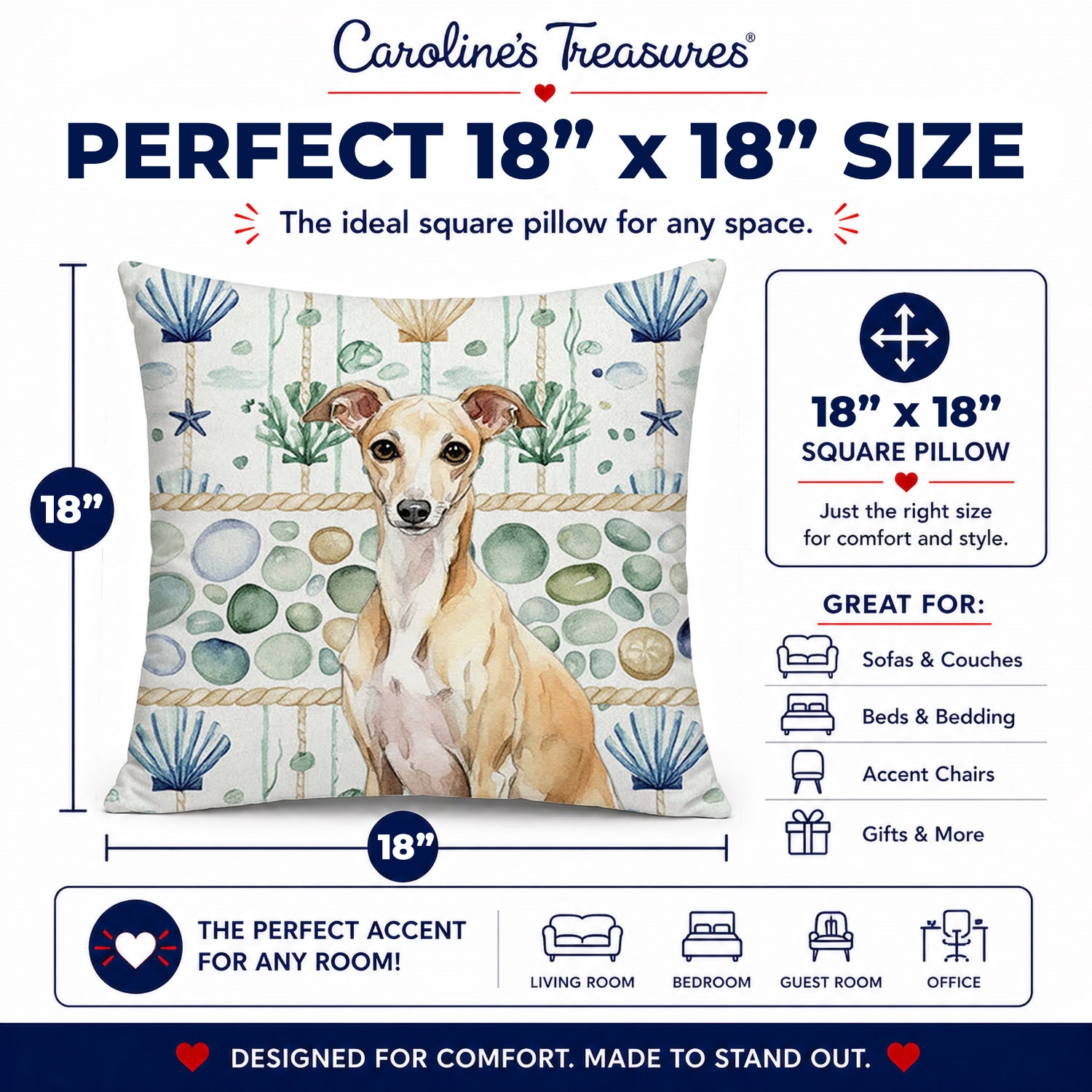 Fawn Italian Greyhound Coastal Sea Glass Decorative Throw Pillow 18x18 Indoor Outdoor Accent Cushion, Fabric Cover with Insert for Sofa, Bed, Porch & Living Room