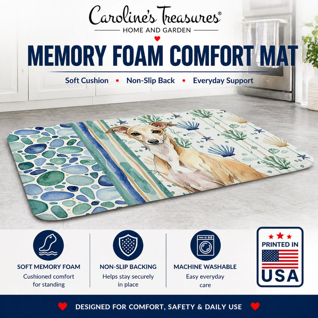 Fawn Italian Greyhound Coastal Sea Glass Memory Foam Kitchen Mat Machine Washable Anti-Fatigue Cushion Comfort Bath or Kitchen Rug