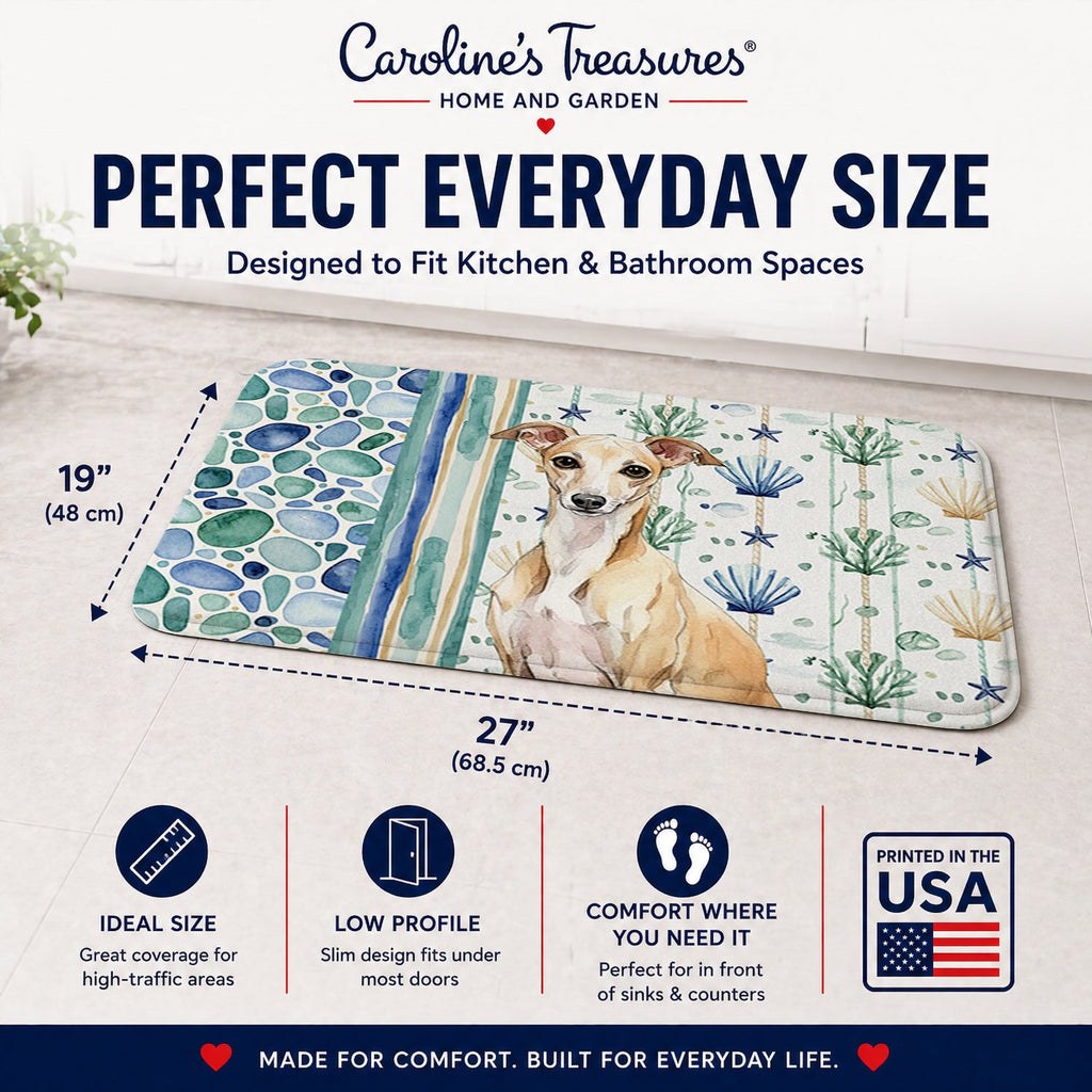 Fawn Italian Greyhound Coastal Sea Glass Memory Foam Kitchen Mat Machine Washable Anti-Fatigue Cushion Comfort Bath or Kitchen Rug
