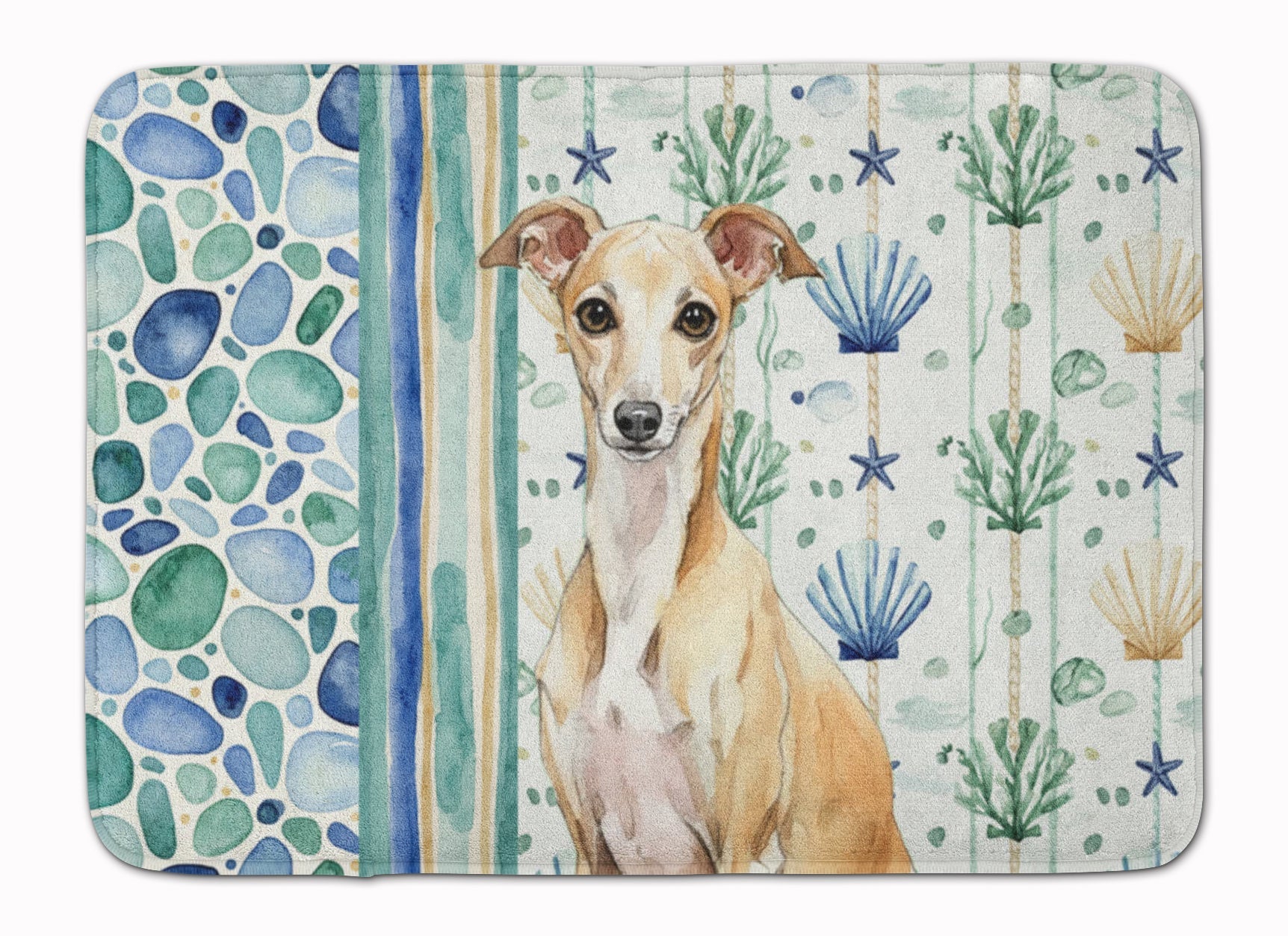 Fawn Italian Greyhound Coastal Sea Glass Memory Foam Kitchen Mat Machine Washable Anti-Fatigue Cushion Comfort Bath or Kitchen Rug