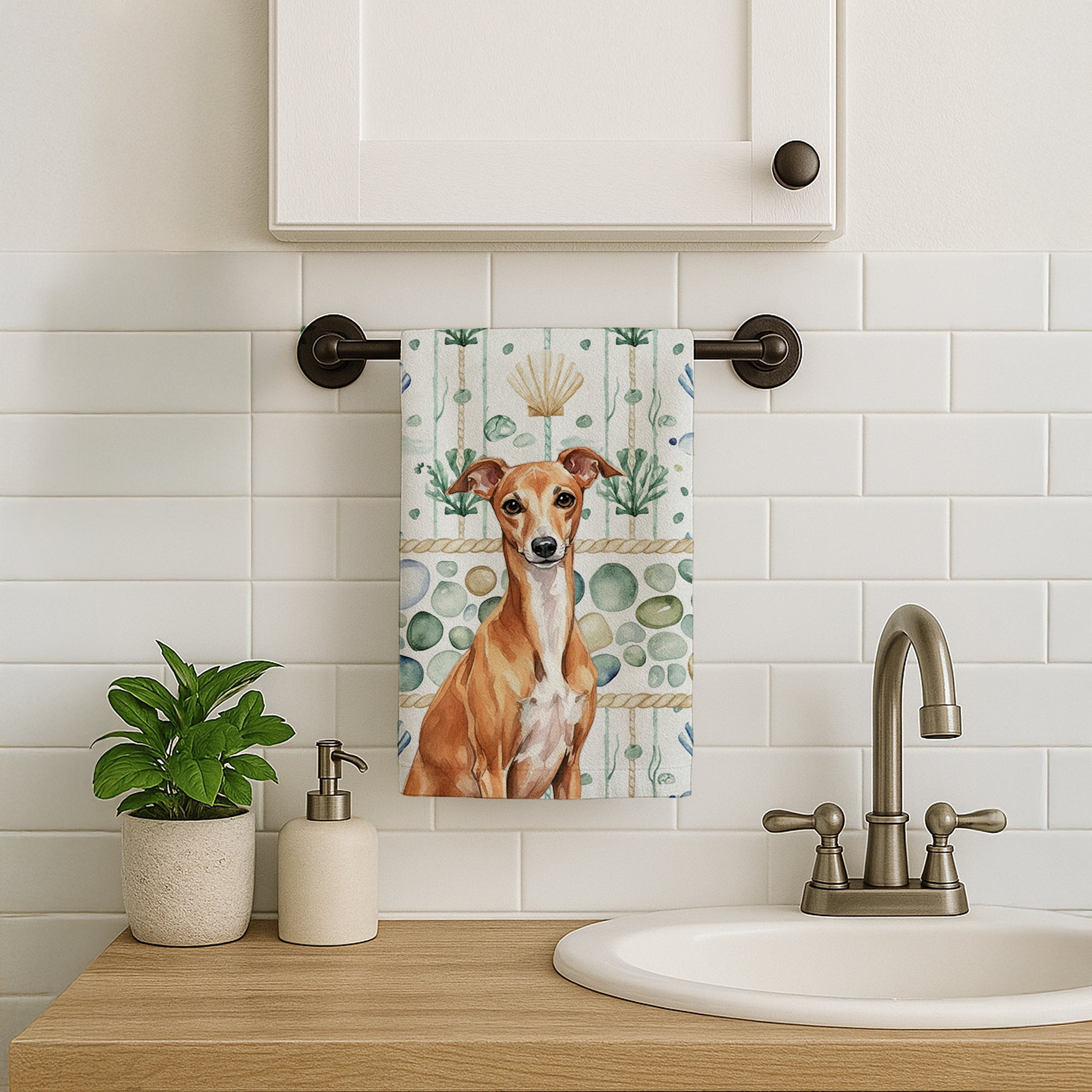 Red Italian Greyhound Coastal Sea Glass Kitchen Towel Velour Plush Front and Cotton Loop Back Machine Washable