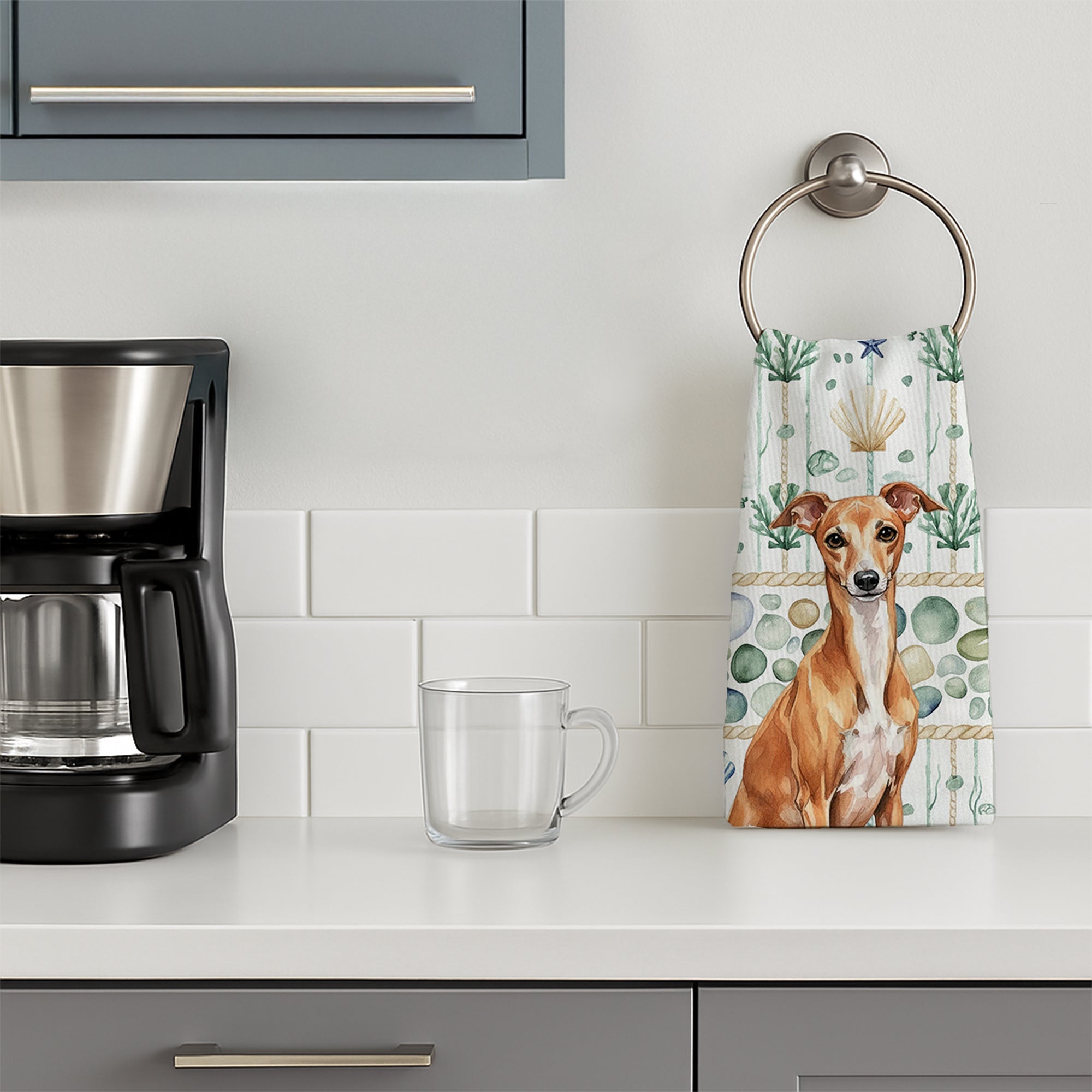 Red Italian Greyhound Coastal Sea Glass Kitchen Towel Velour Plush Front and Cotton Loop Back Machine Washable