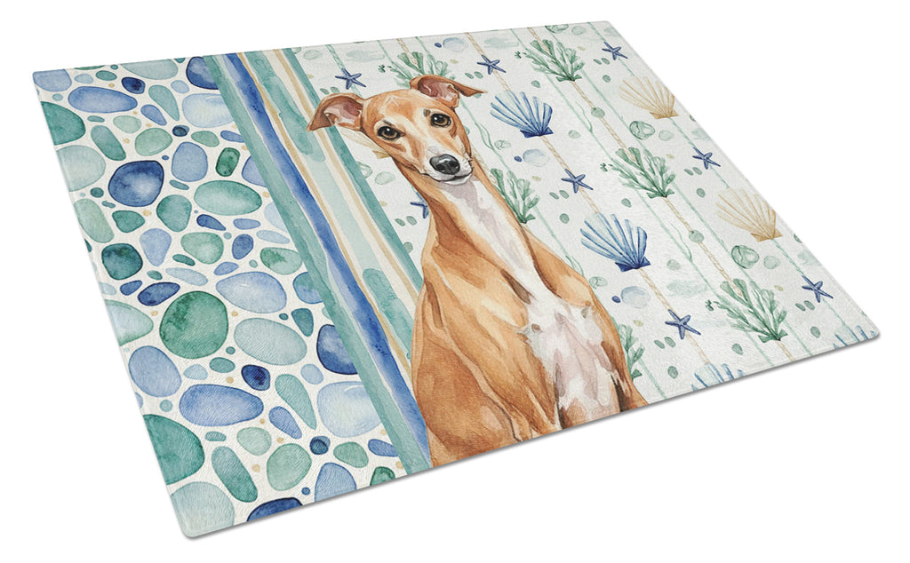 Red Italian Greyhound Coastal Sea Glass Cutting Board Tempered Glass Kitchen Cutting Surface, Heat Resistant Chopping, Non-Slip Feet, Food Prep & Serving