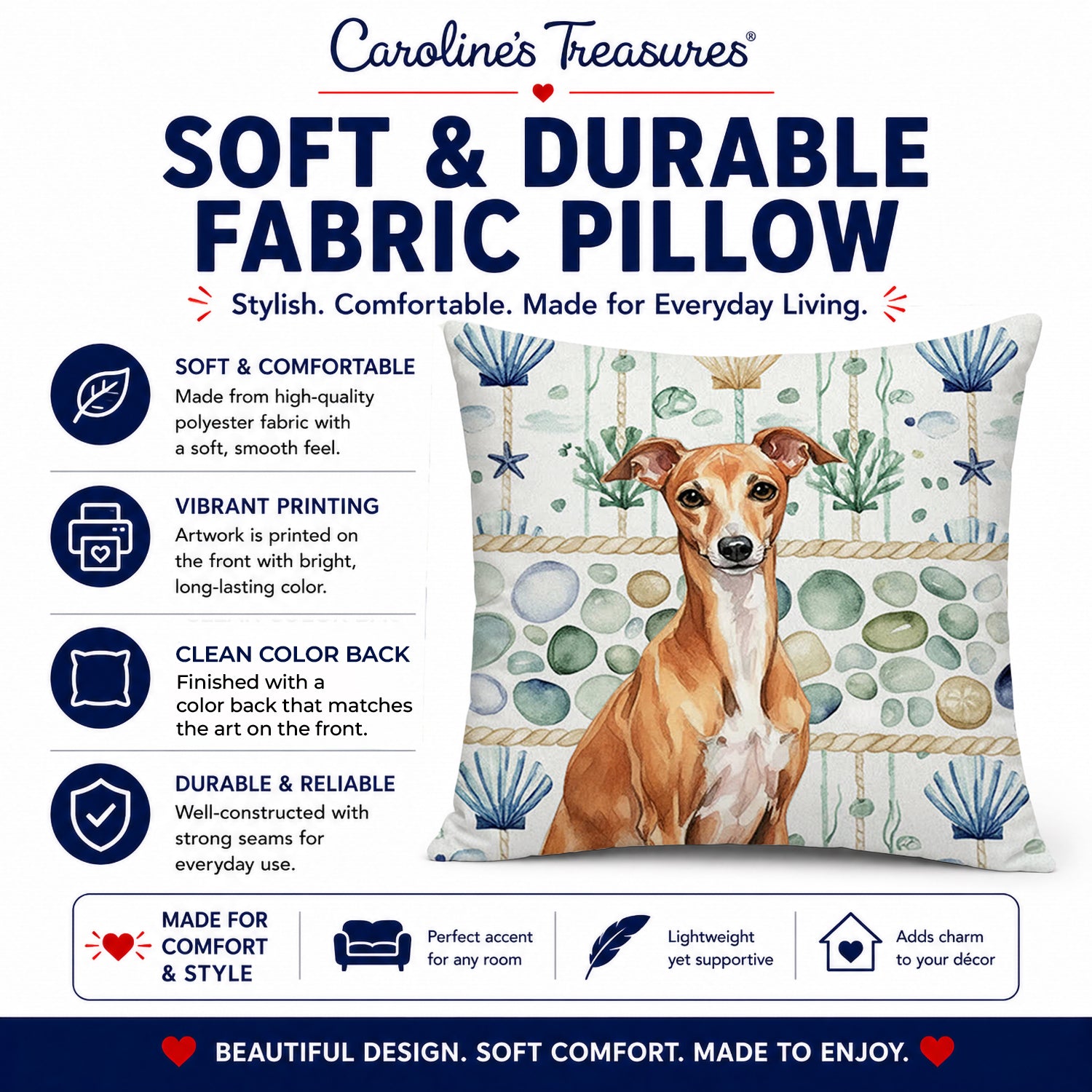Red Italian Greyhound Coastal Sea Glass Decorative Throw Pillow 14x14 Indoor Outdoor Accent Cushion, Fabric Cover with Insert for Sofa, Bed, Porch & Living Room