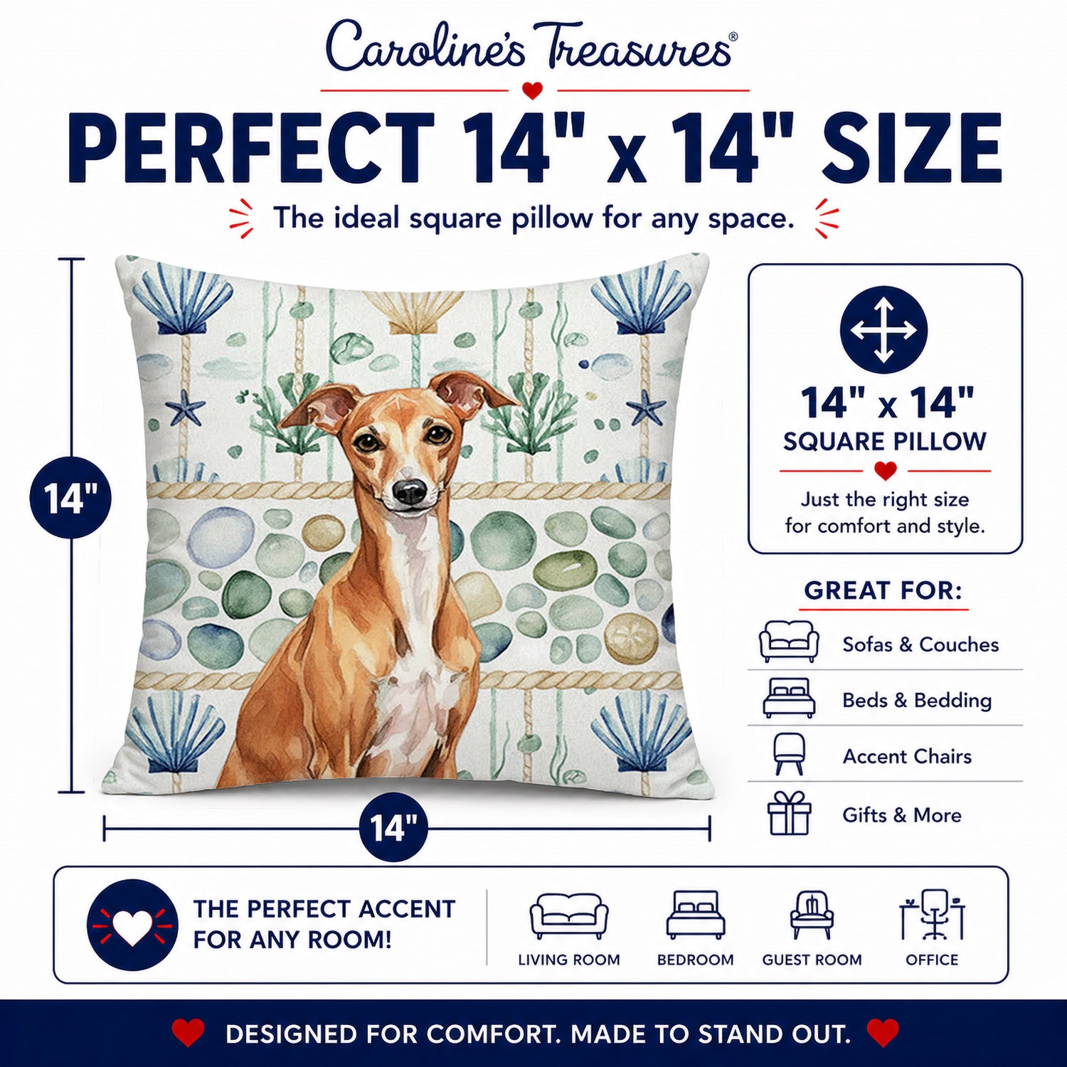 Red Italian Greyhound Coastal Sea Glass Decorative Throw Pillow 14x14 Indoor Outdoor Accent Cushion, Fabric Cover with Insert for Sofa, Bed, Porch & Living Room