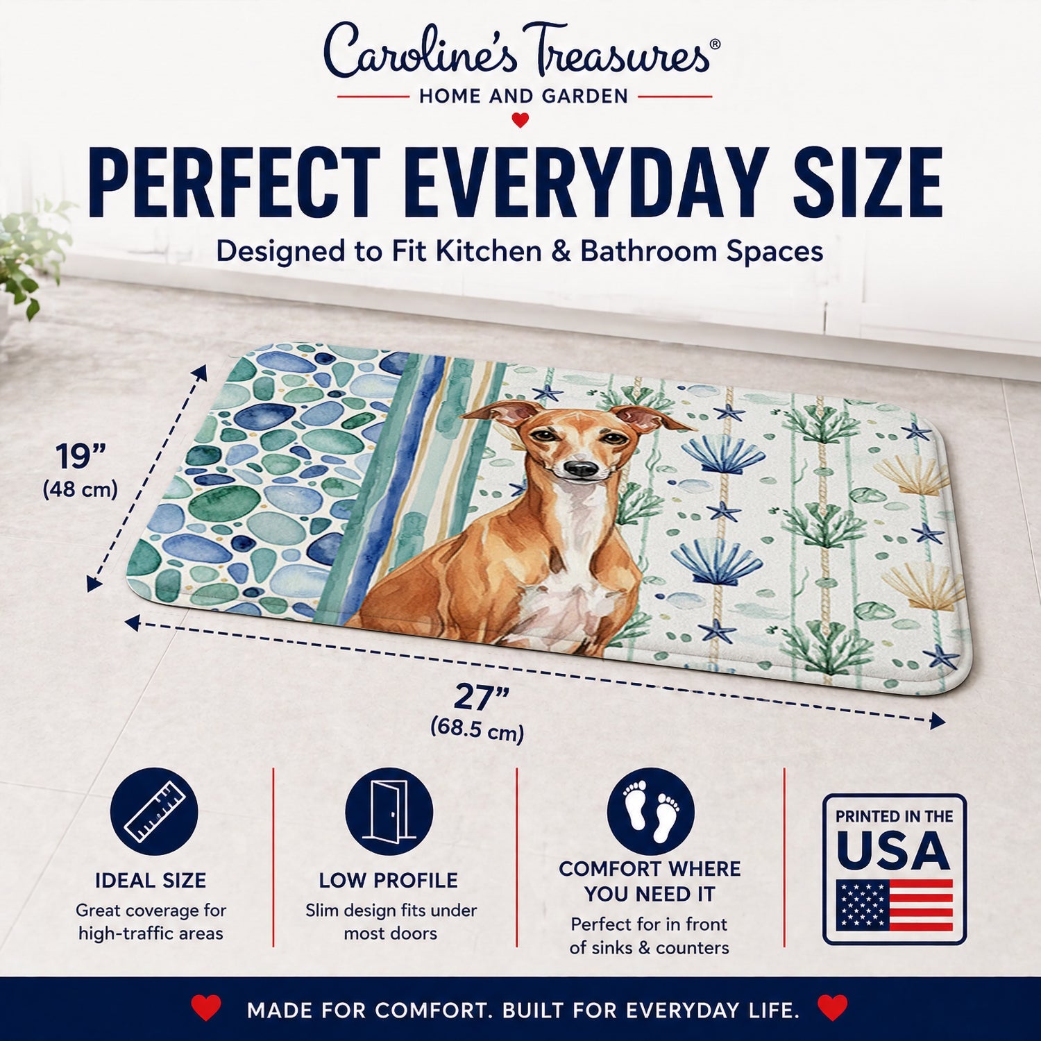 Red Italian Greyhound Coastal Sea Glass Memory Foam Kitchen Mat Machine Washable Anti-Fatigue Cushion Comfort Bath or Kitchen Rug