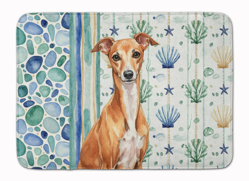 Red Italian Greyhound Coastal Sea Glass Memory Foam Kitchen Mat Machine Washable Anti-Fatigue Cushion Comfort Bath or Kitchen Rug