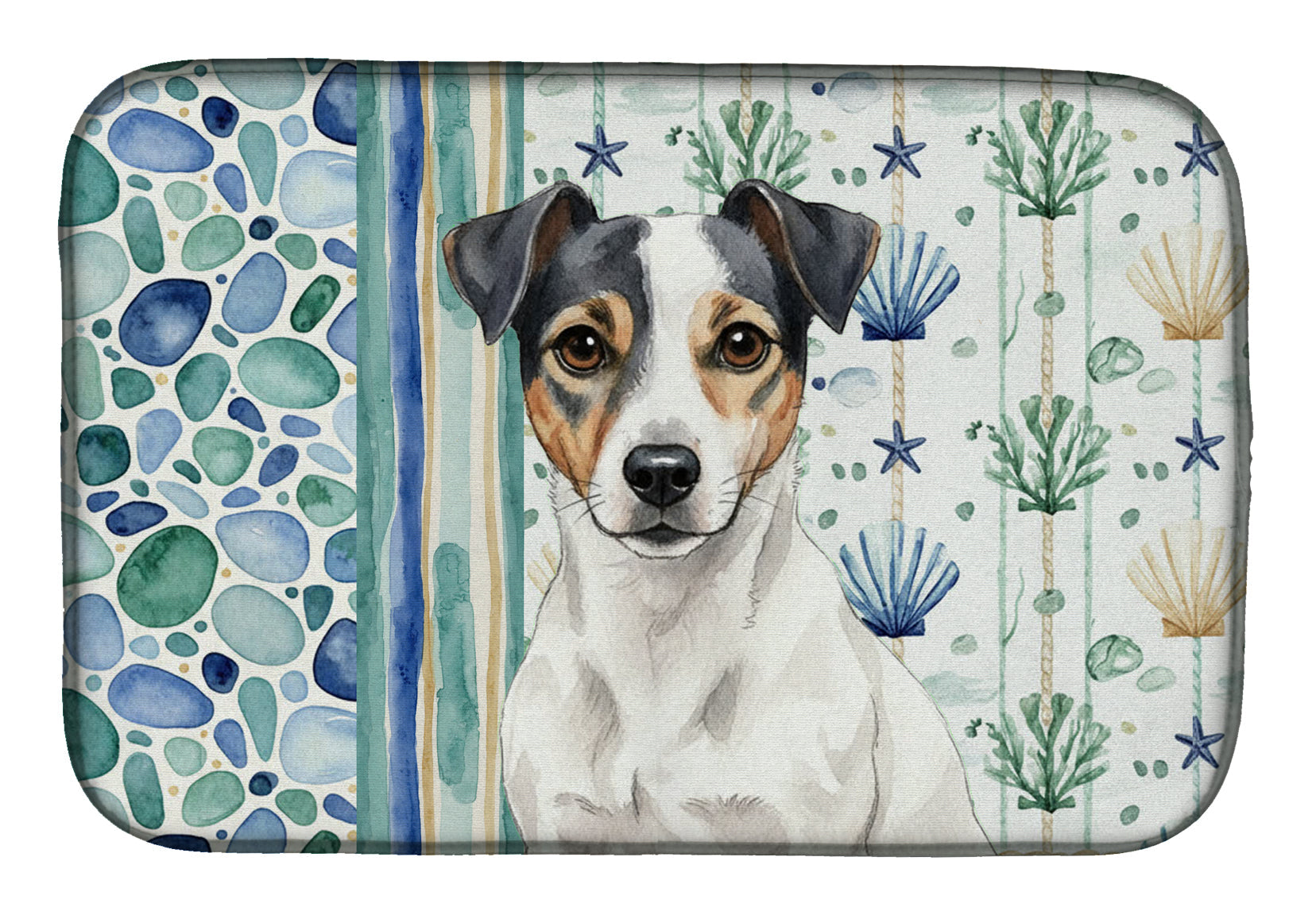 White and Black Jack Russell Terrier Coastal Sea Glass Dish Drying Mat Absorbent Dish Drying Mat Pad for Kitchen Counter Dish Drainer Mat for Countertop, 14 x 21", Multicolor