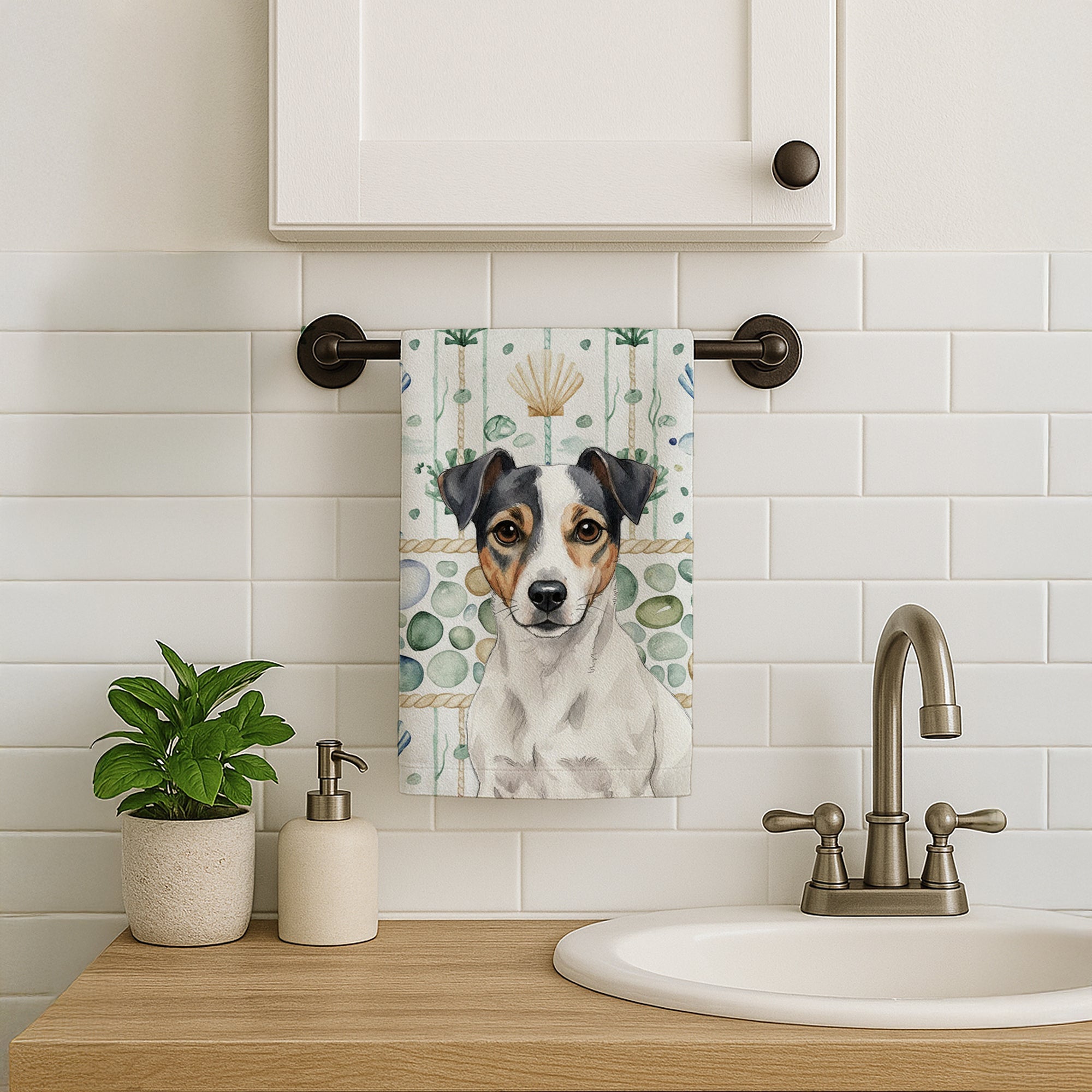 White and Black Jack Russell Terrier Coastal Sea Glass Kitchen Towel Velour Plush Front and Cotton Loop Back Machine Washable
