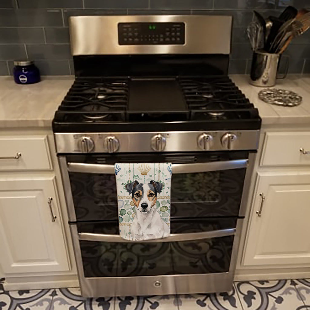 White and Black Jack Russell Terrier Coastal Sea Glass Kitchen Towel Velour Plush Front and Cotton Loop Back Machine Washable