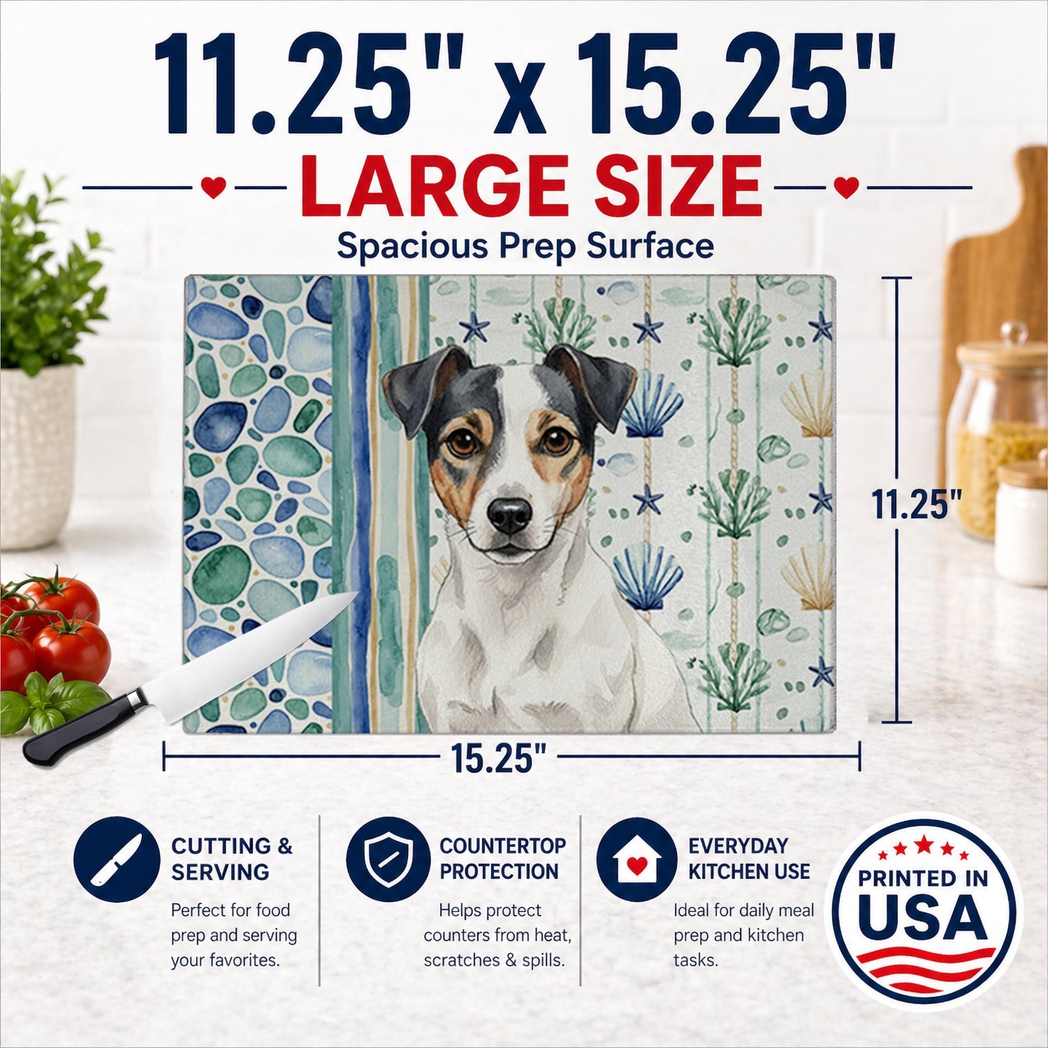 White and Black Jack Russell Terrier Coastal Sea Glass Cutting Board Tempered Glass Kitchen Cutting Surface, Heat Resistant Chopping, Non-Slip Feet, Food Prep & Serving