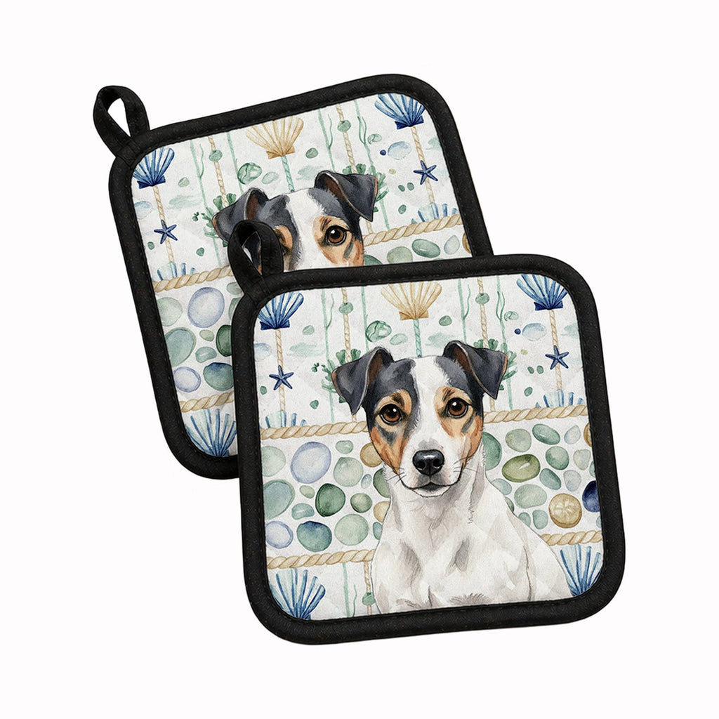 White and Black Jack Russell Terrier Coastal Sea Glass Pot Holder Set of 2 Heat Resistant Quilted Hot Pads 7.5 x 7.5 Inch, Insulated Kitchen Trivets for Cooking & Baking