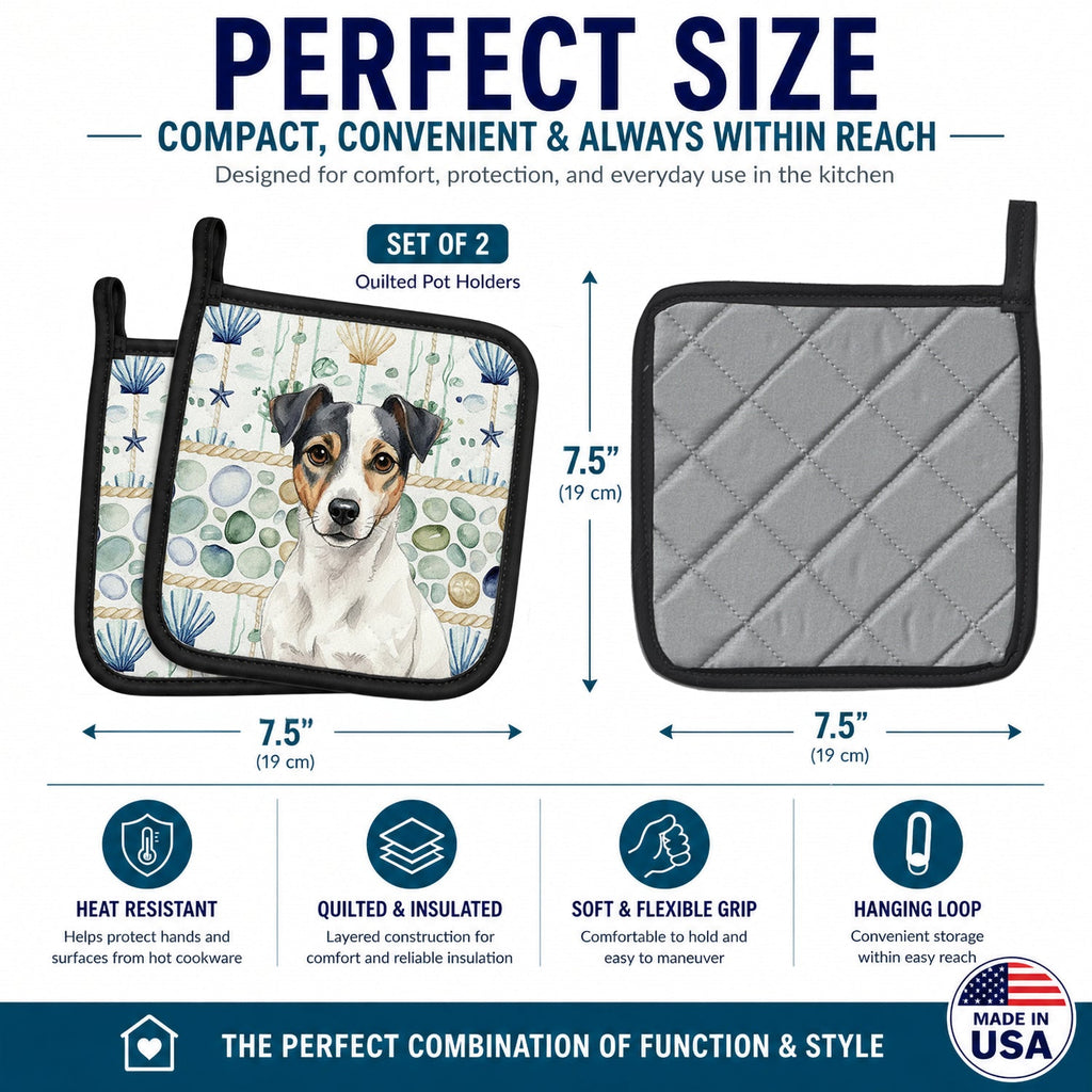 White and Black Jack Russell Terrier Coastal Sea Glass Pot Holder Set of 2 Heat Resistant Quilted Hot Pads 7.5 x 7.5 Inch, Insulated Kitchen Trivets for Cooking & Baking