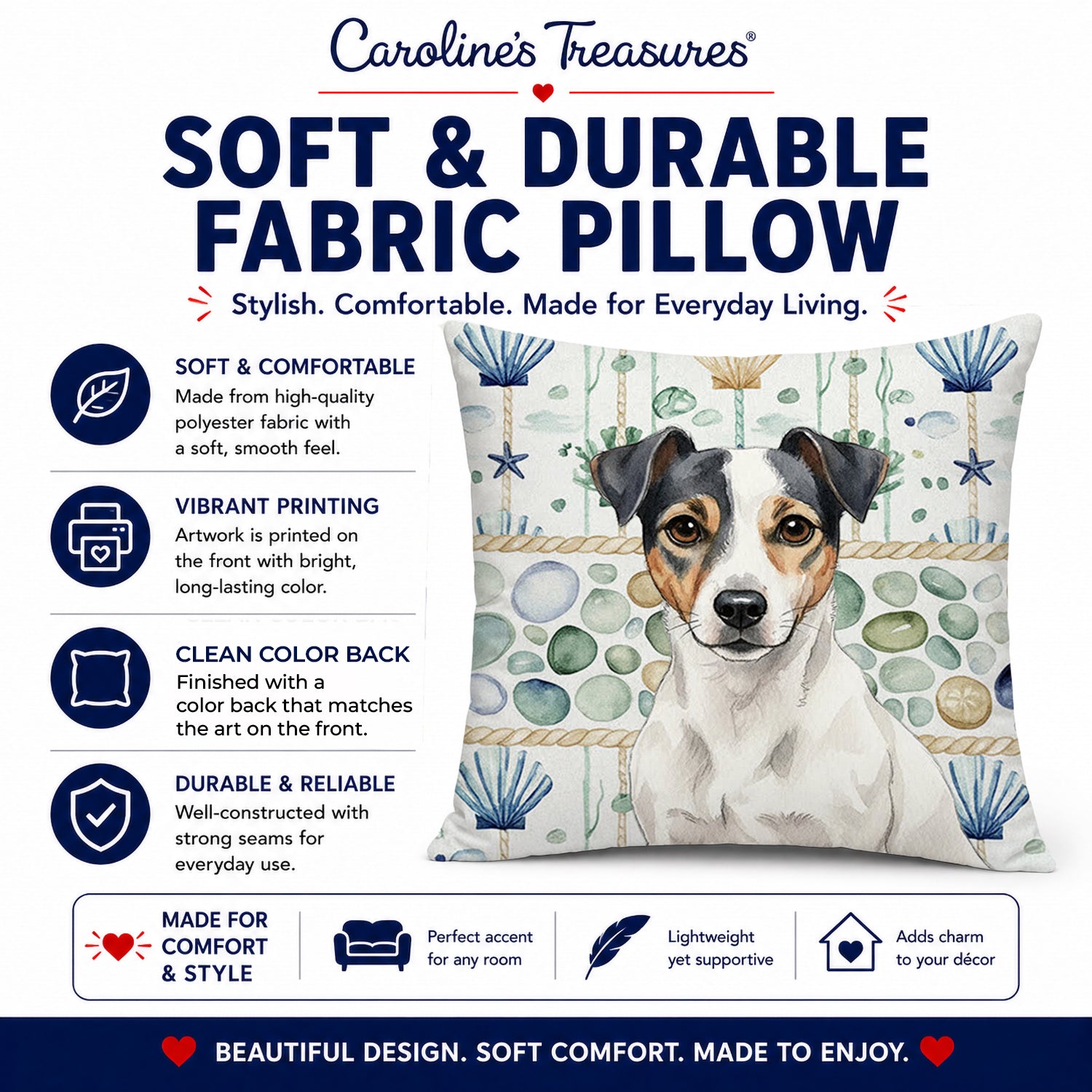 White and Black Jack Russell Terrier Coastal Sea Glass Decorative Throw Pillow 14x14 Indoor Outdoor Accent Cushion, Fabric Cover with Insert for Sofa, Bed, Porch & Living Room