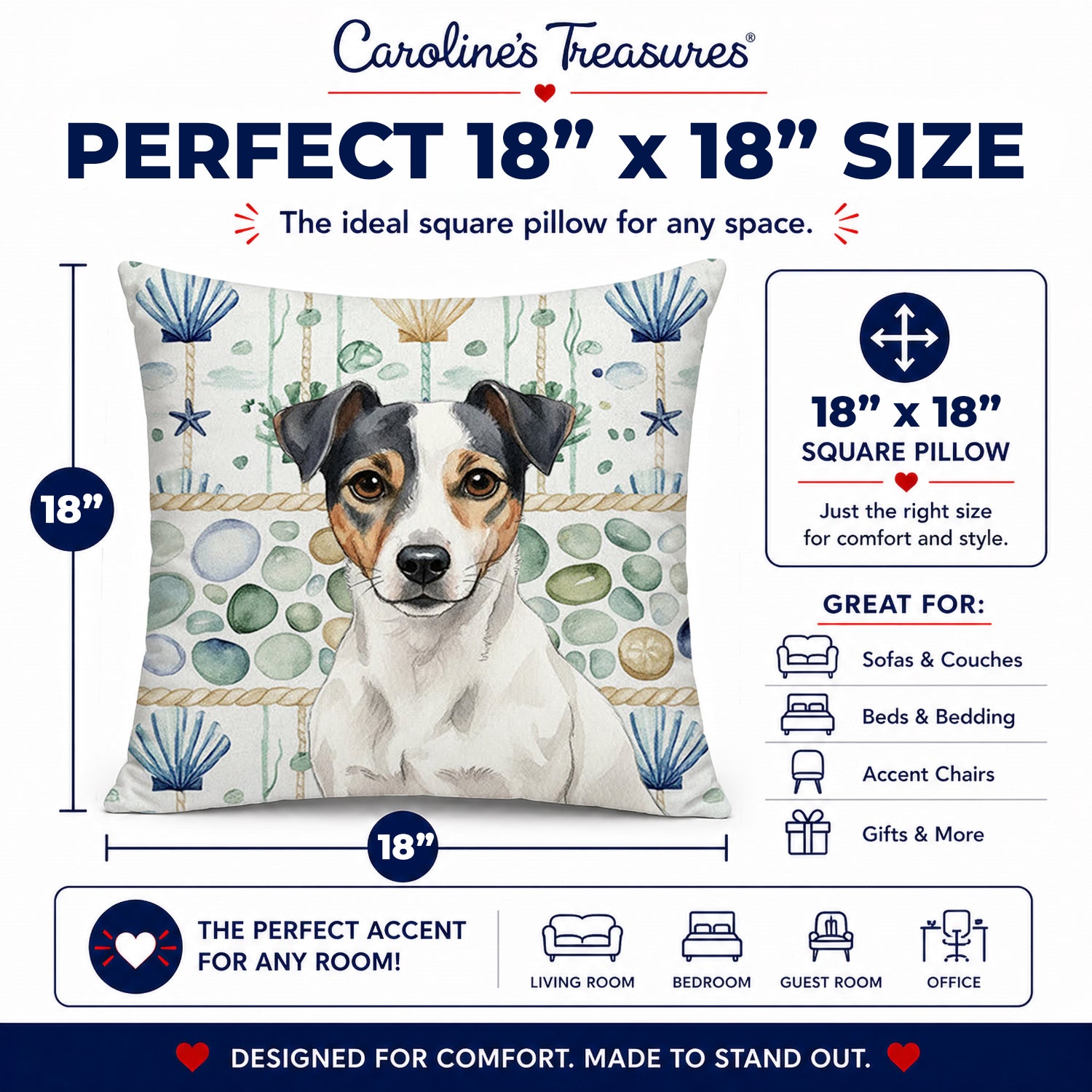 White and Black Jack Russell Terrier Coastal Sea Glass Decorative Throw Pillow 18x18 Indoor Outdoor Accent Cushion, Fabric Cover with Insert for Sofa, Bed, Porch & Living Room