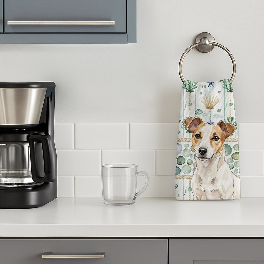 White and Tan Jack Russell Terrier Coastal Sea Glass Kitchen Towel Velour Plush Front and Cotton Loop Back Machine Washable