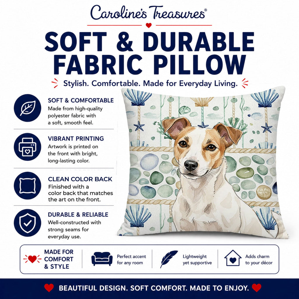 White and Tan Jack Russell Terrier Coastal Sea Glass Decorative Throw Pillow 14x14 Indoor Outdoor Accent Cushion, Fabric Cover with Insert for Sofa, Bed, Porch & Living Room