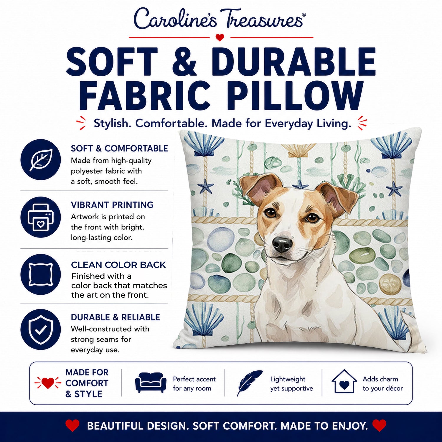 White and Tan Jack Russell Terrier Coastal Sea Glass Decorative Throw Pillow 18x18 Indoor Outdoor Accent Cushion, Fabric Cover with Insert for Sofa, Bed, Porch & Living Room