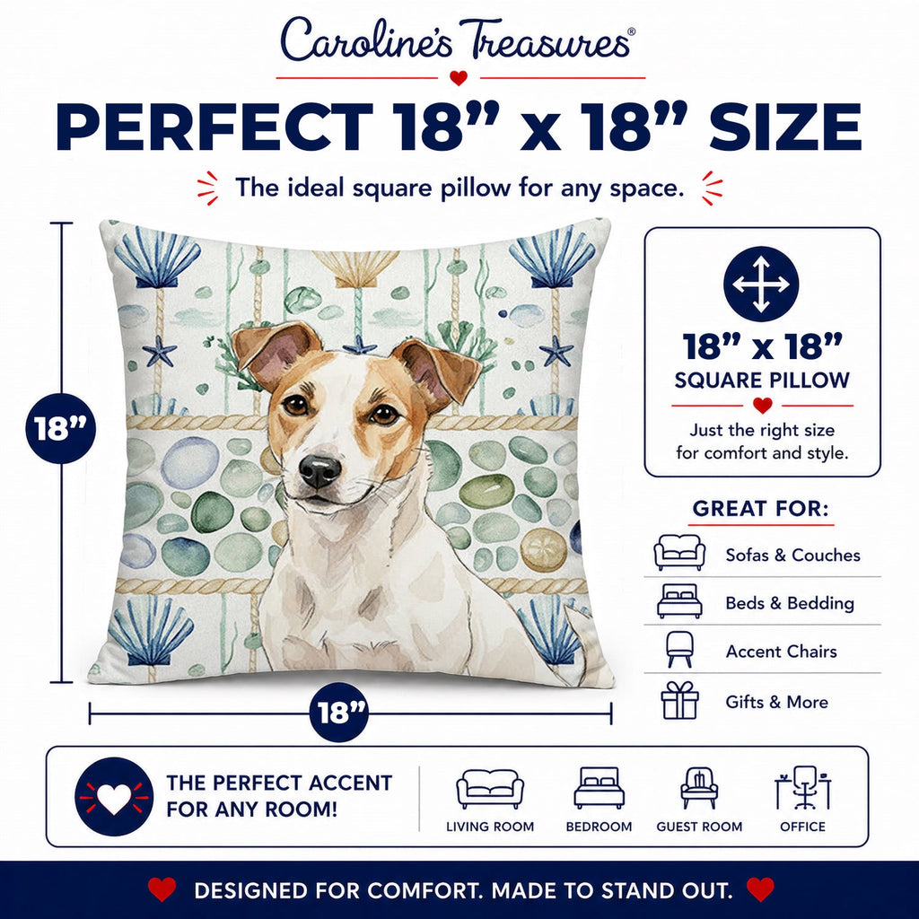 White and Tan Jack Russell Terrier Coastal Sea Glass Decorative Throw Pillow 18x18 Indoor Outdoor Accent Cushion, Fabric Cover with Insert for Sofa, Bed, Porch & Living Room