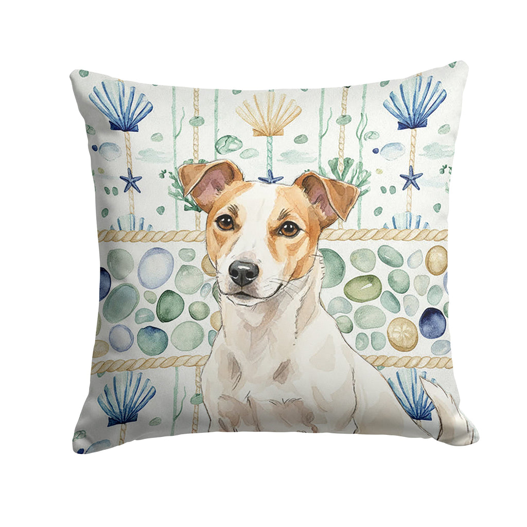 White and Tan Jack Russell Terrier Coastal Sea Glass Decorative Throw Pillow 18x18 Indoor Outdoor Accent Cushion, Fabric Cover with Insert for Sofa, Bed, Porch & Living Room