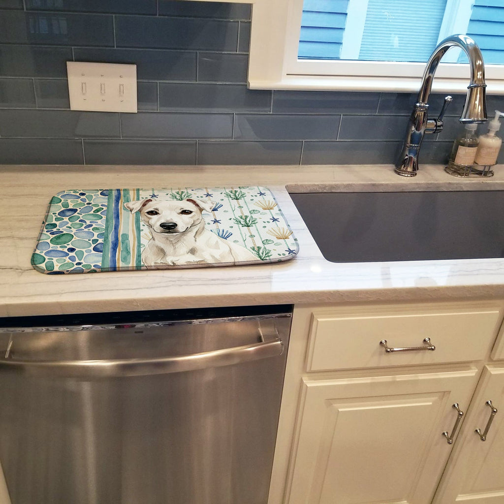 White Jack Russell Terrier Coastal Sea Glass Dish Drying Mat Absorbent Dish Drying Mat Pad for Kitchen Counter Dish Drainer Mat for Countertop, 14 x 21", Multicolor