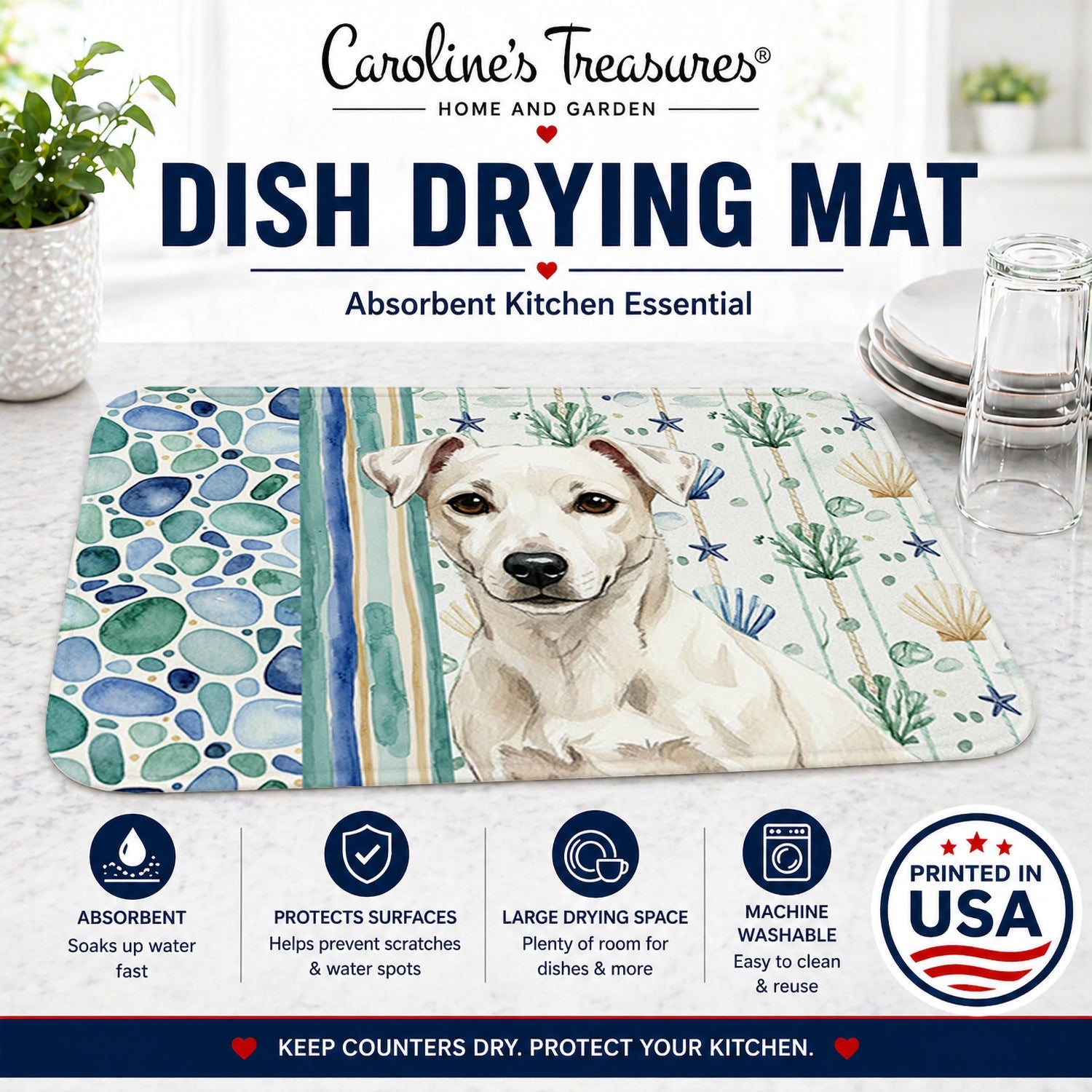White Jack Russell Terrier Coastal Sea Glass Dish Drying Mat Absorbent Dish Drying Mat Pad for Kitchen Counter Dish Drainer Mat for Countertop, 14 x 21", Multicolor