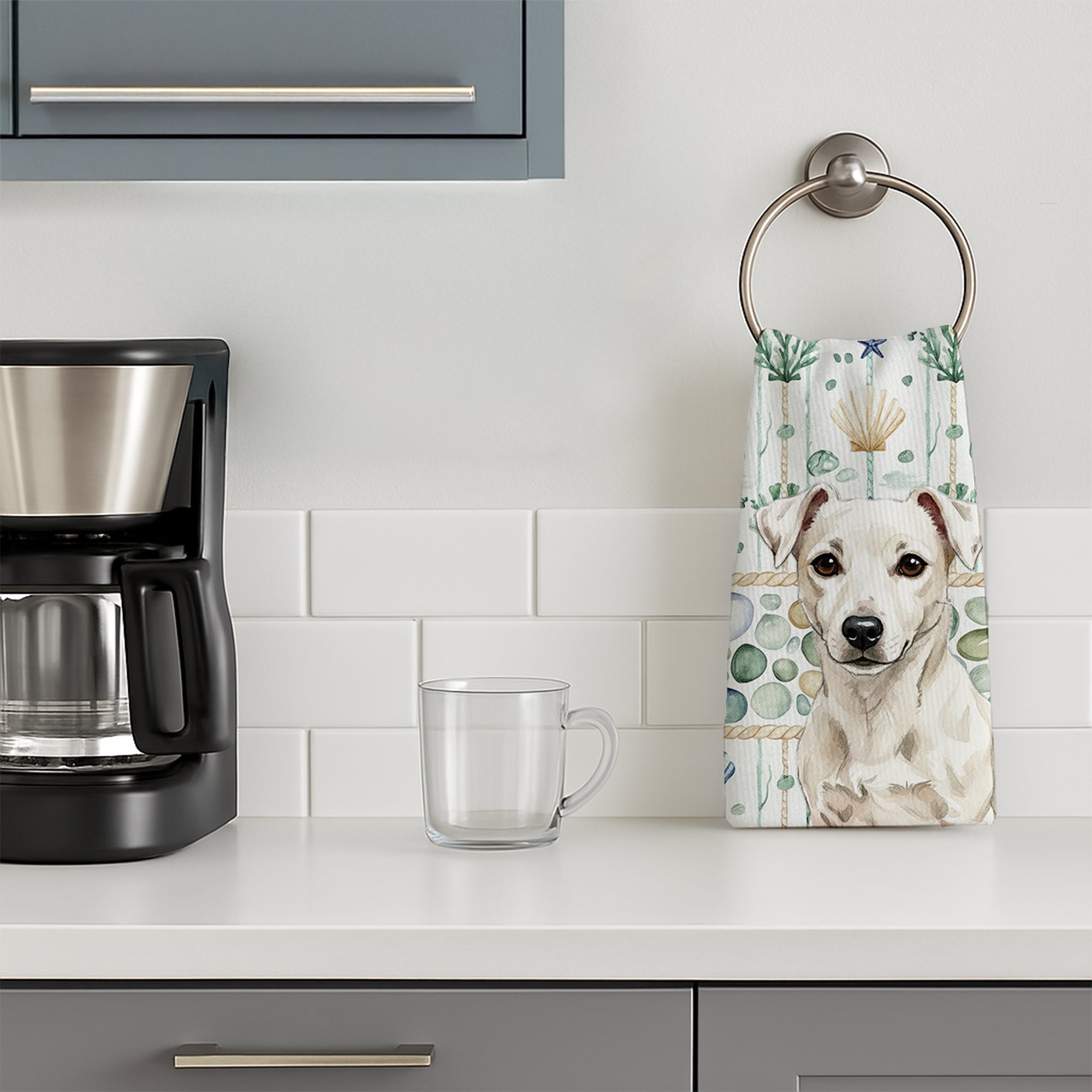 White Jack Russell Terrier Coastal Sea Glass Kitchen Towel Velour Plush Front and Cotton Loop Back Machine Washable