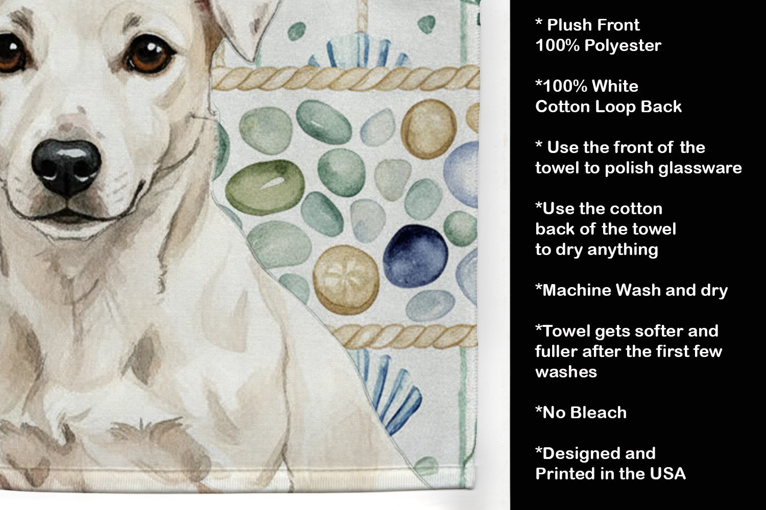 White Jack Russell Terrier Coastal Sea Glass Kitchen Towel Velour Plush Front and Cotton Loop Back Machine Washable