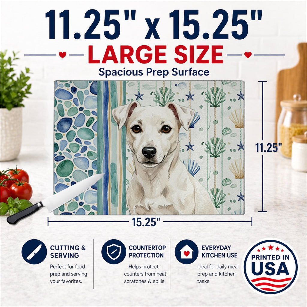 White Jack Russell Terrier Coastal Sea Glass Cutting Board Tempered Glass Kitchen Cutting Surface, Heat Resistant Chopping, Non-Slip Feet, Food Prep & Serving