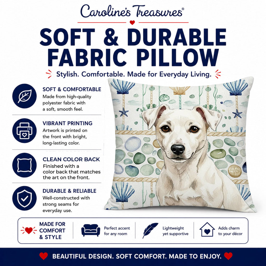 White Jack Russell Terrier Coastal Sea Glass Decorative Throw Pillow 18x18 Indoor Outdoor Accent Cushion, Fabric Cover with Insert for Sofa, Bed, Porch & Living Room