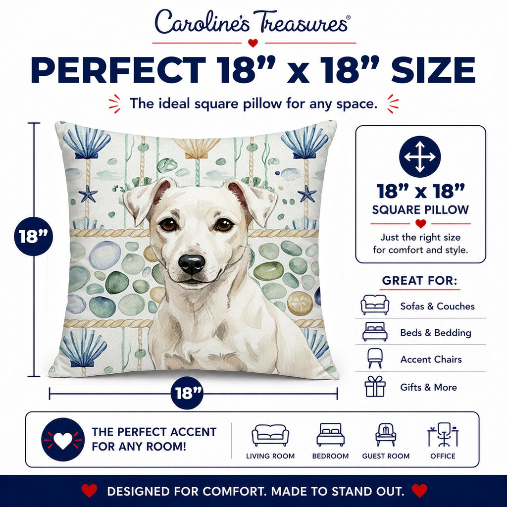 White Jack Russell Terrier Coastal Sea Glass Decorative Throw Pillow 18x18 Indoor Outdoor Accent Cushion, Fabric Cover with Insert for Sofa, Bed, Porch & Living Room