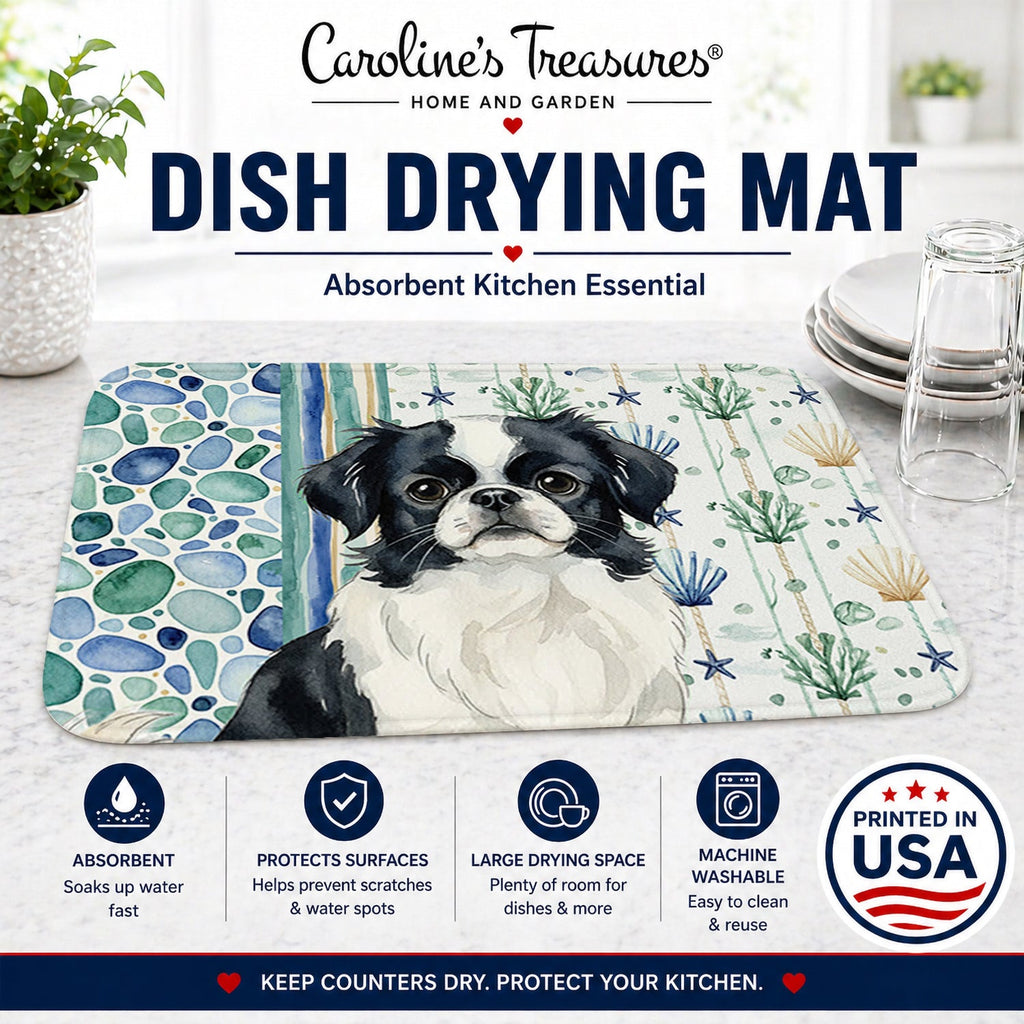 Black and White Japanese Chin Coastal Sea Glass Dish Drying Mat Absorbent Dish Drying Mat Pad for Kitchen Counter Dish Drainer Mat for Countertop, 14 x 21", Multicolor