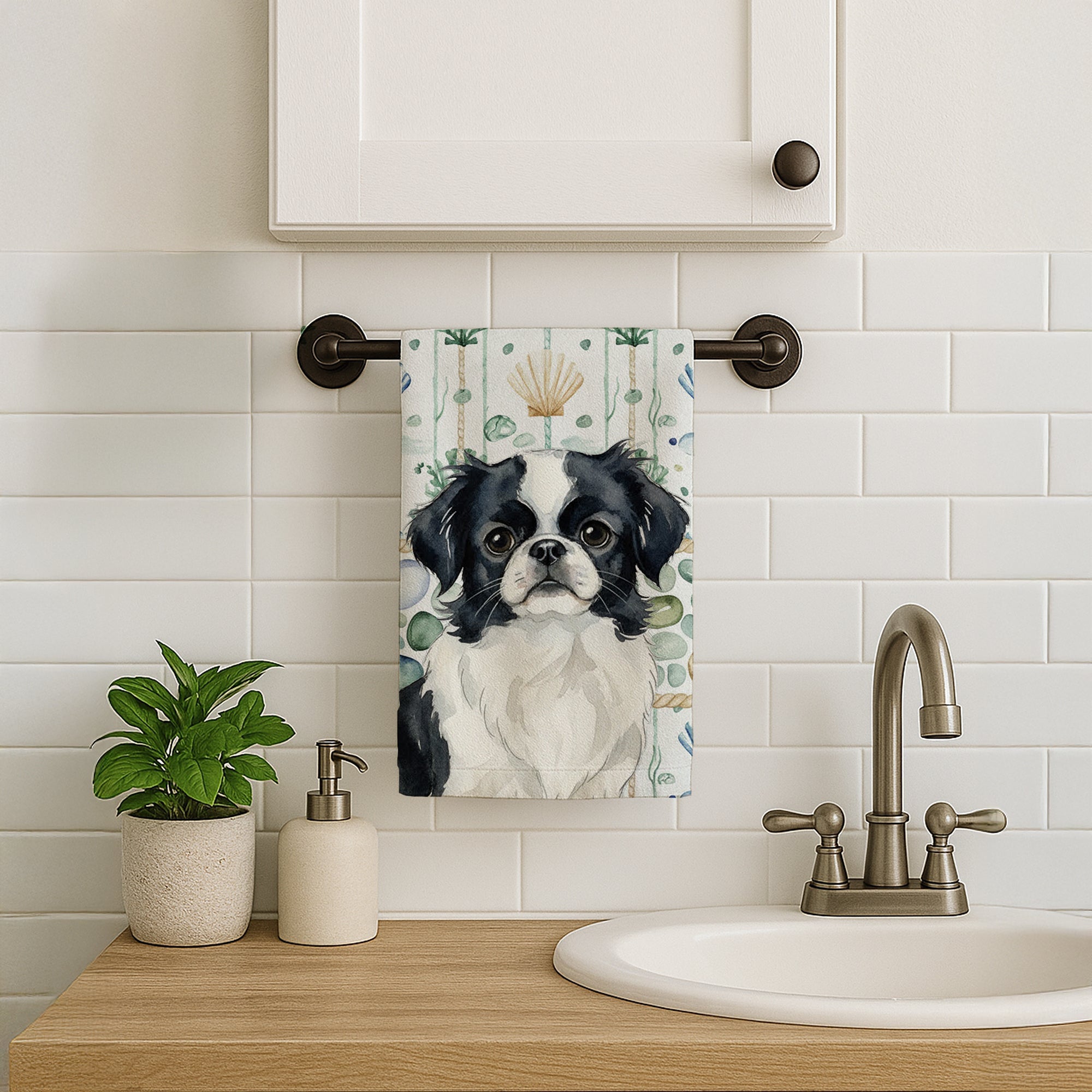 Black and White Japanese Chin Coastal Sea Glass Kitchen Towel Velour Plush Front and Cotton Loop Back Machine Washable