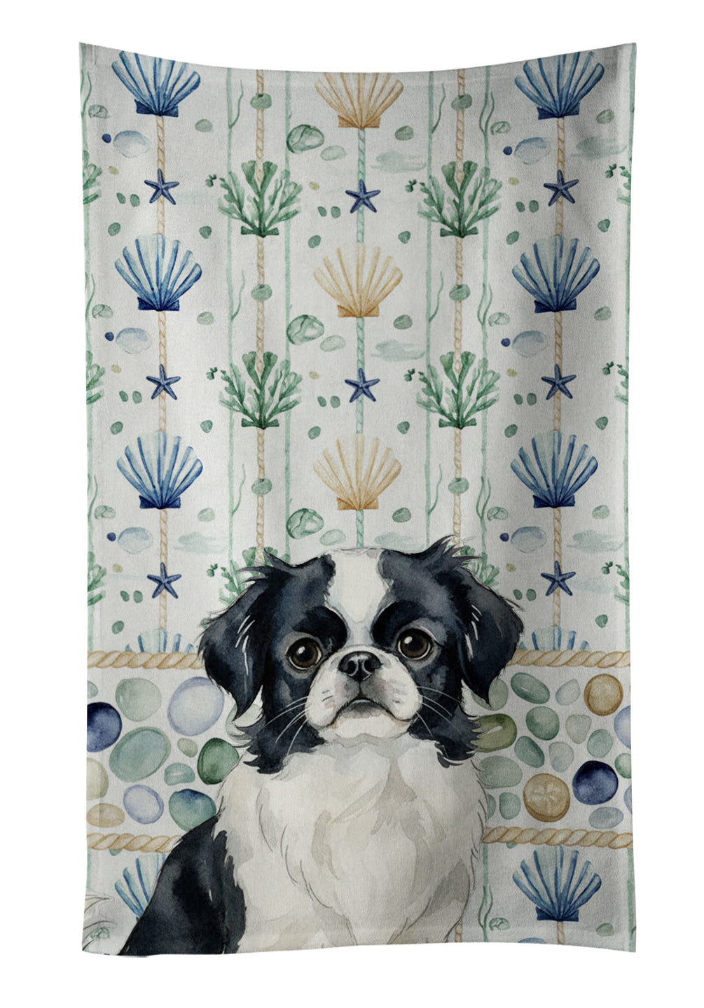 Black and White Japanese Chin Coastal Sea Glass Kitchen Towel Velour Plush Front and Cotton Loop Back Machine Washable