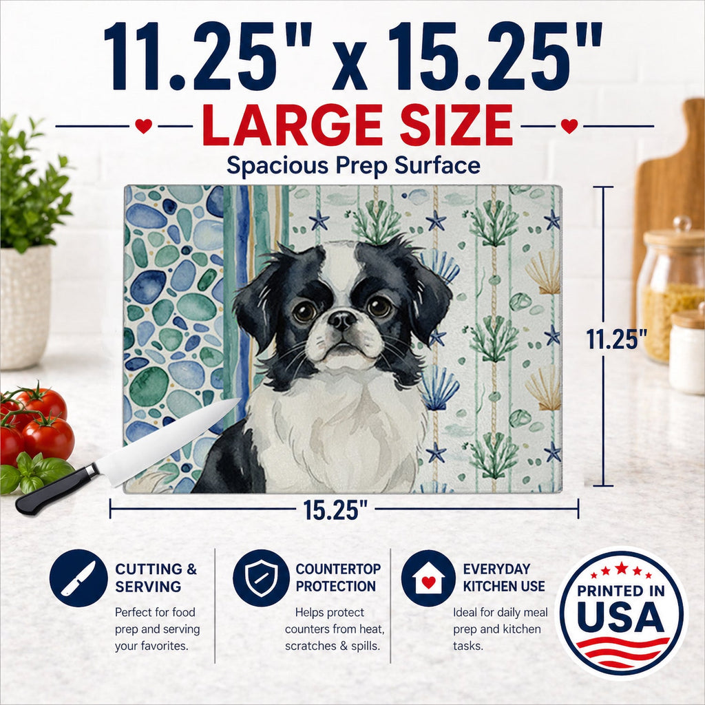 Black and White Japanese Chin Coastal Sea Glass Cutting Board Tempered Glass Kitchen Cutting Surface, Heat Resistant Chopping, Non-Slip Feet, Food Prep & Serving