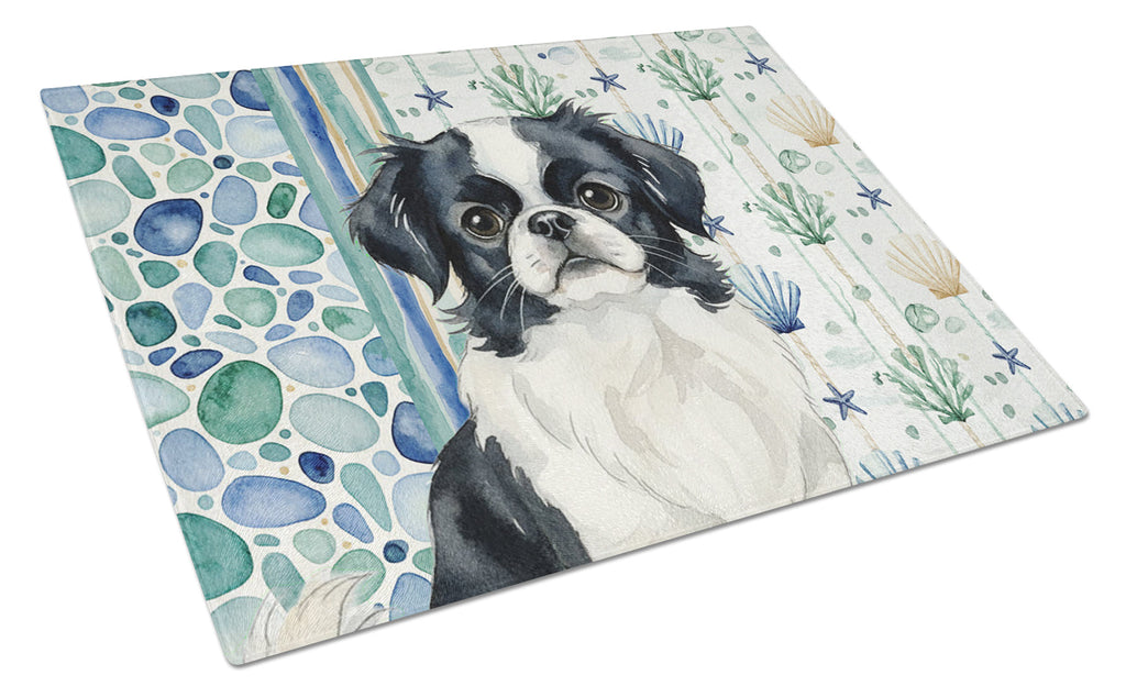 Black and White Japanese Chin Coastal Sea Glass Cutting Board Tempered Glass Kitchen Cutting Surface, Heat Resistant Chopping, Non-Slip Feet, Food Prep & Serving