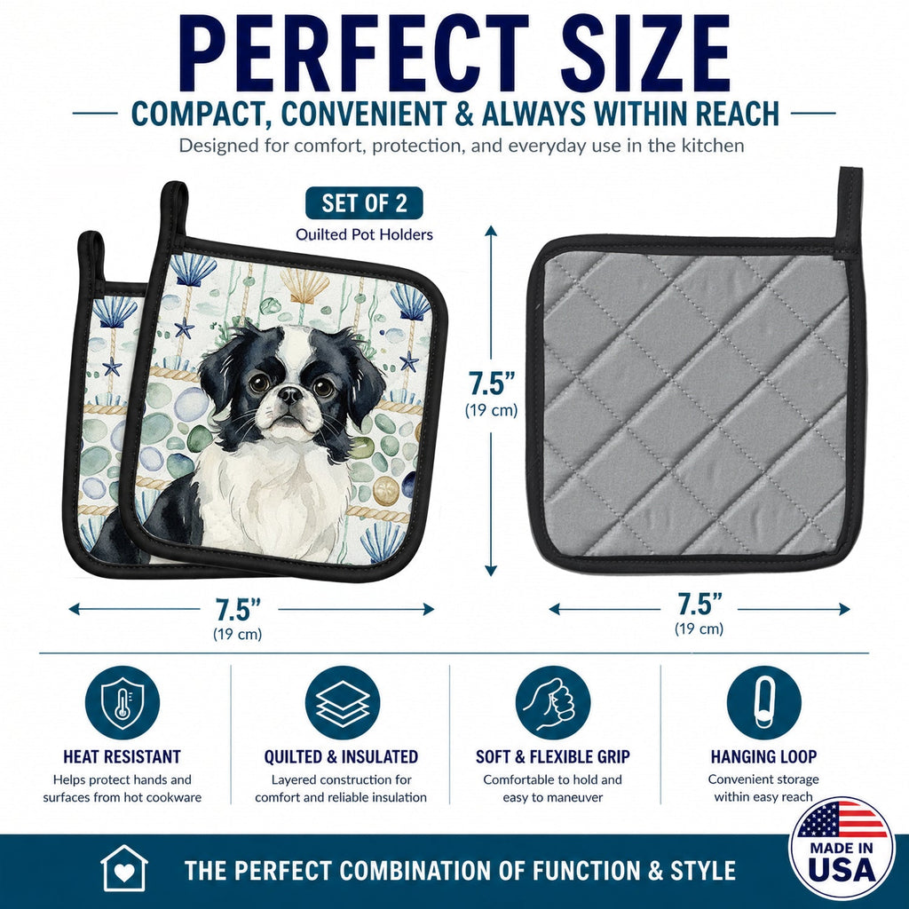 Black and White Japanese Chin Coastal Sea Glass Pot Holder Set of 2 Heat Resistant Quilted Hot Pads 7.5 x 7.5 Inch, Insulated Kitchen Trivets for Cooking & Baking
