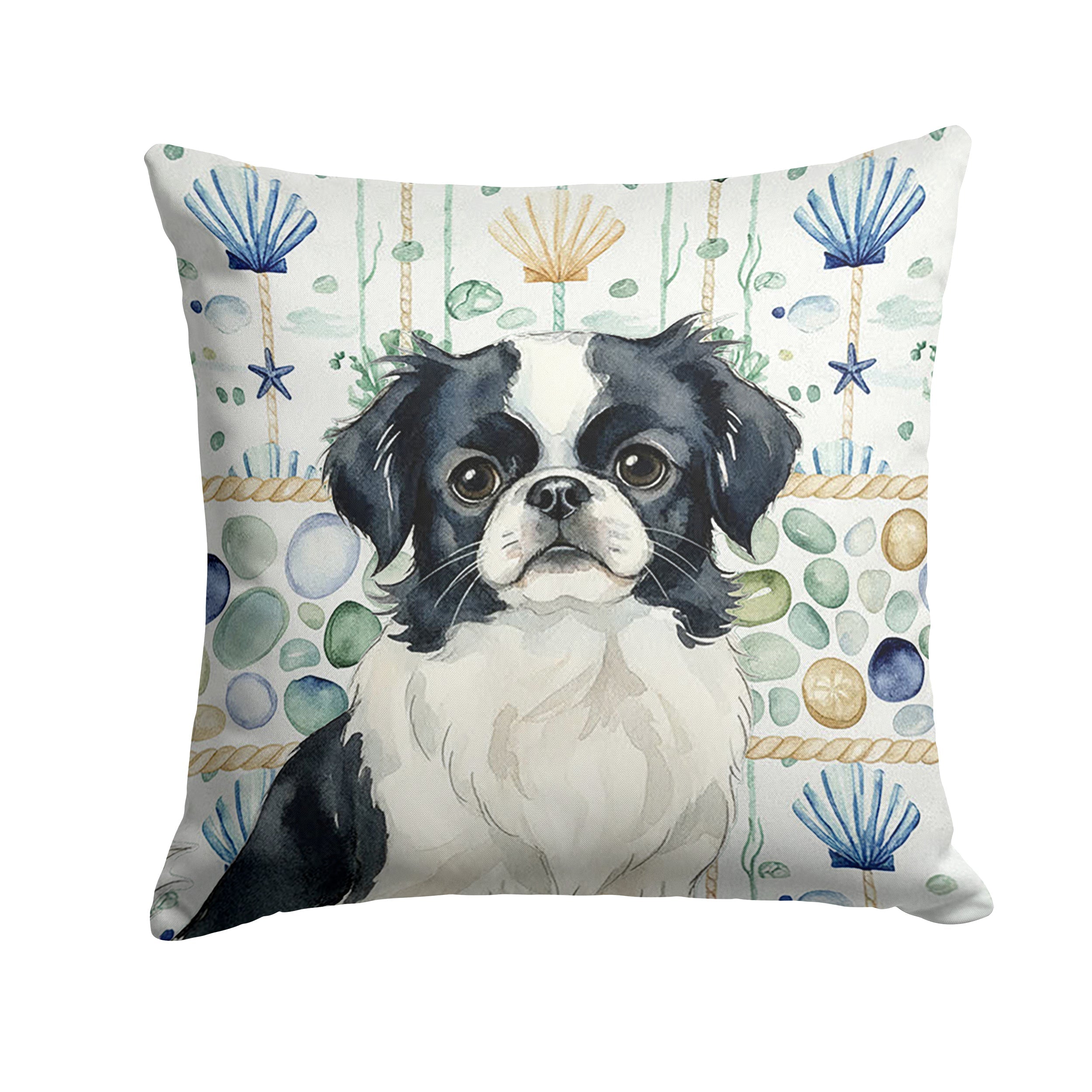 Black and White Japanese Chin Coastal Sea Glass Decorative Throw Pillow 14x14 Indoor Outdoor Accent Cushion, Fabric Cover with Insert for Sofa, Bed, Porch & Living Room
