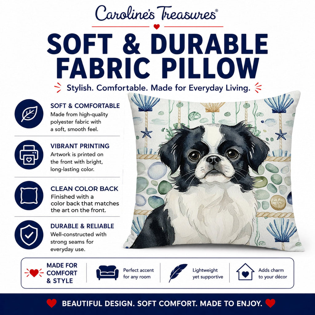 Black and White Japanese Chin Coastal Sea Glass Decorative Throw Pillow 18x18 Indoor Outdoor Accent Cushion, Fabric Cover with Insert for Sofa, Bed, Porch & Living Room